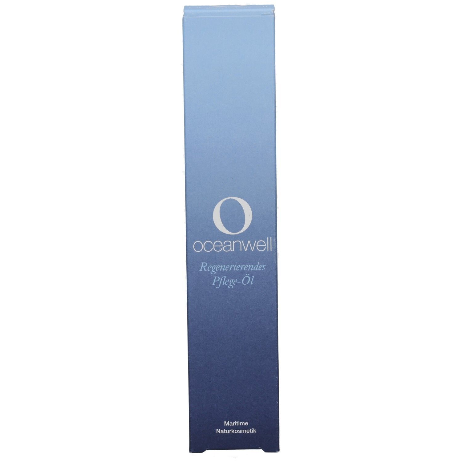 OCEANWELL Regenerierendes Pflege-Öl. Blaue Verpackung mit weißem Logo. Maritime Naturkosmetik. Text auf Deutsch.