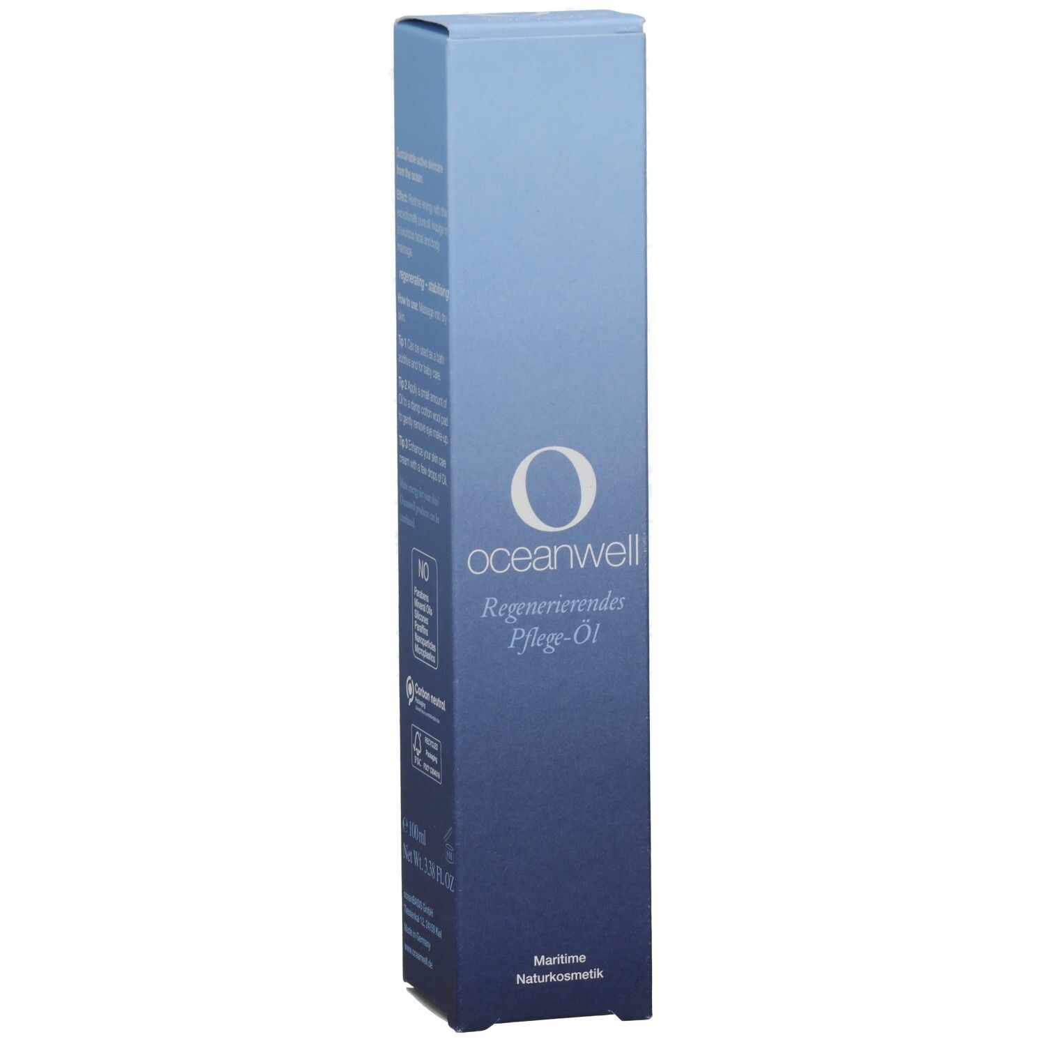 OCEANWELL Regenerierendes Pflege-Öl. Blaue Verpackung mit weißem Logo. Maritime Naturkosmetik. Text auf Deutsch.