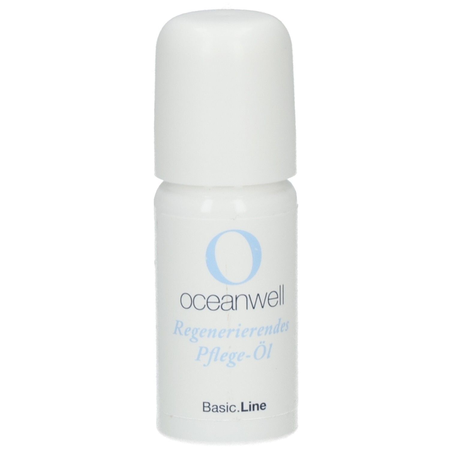 Weiße Flasche mit blauem Logo und Schriftzug. Beschriftung: oceanwell, Regenerierendes Pflege-Öl, Basic.Line.