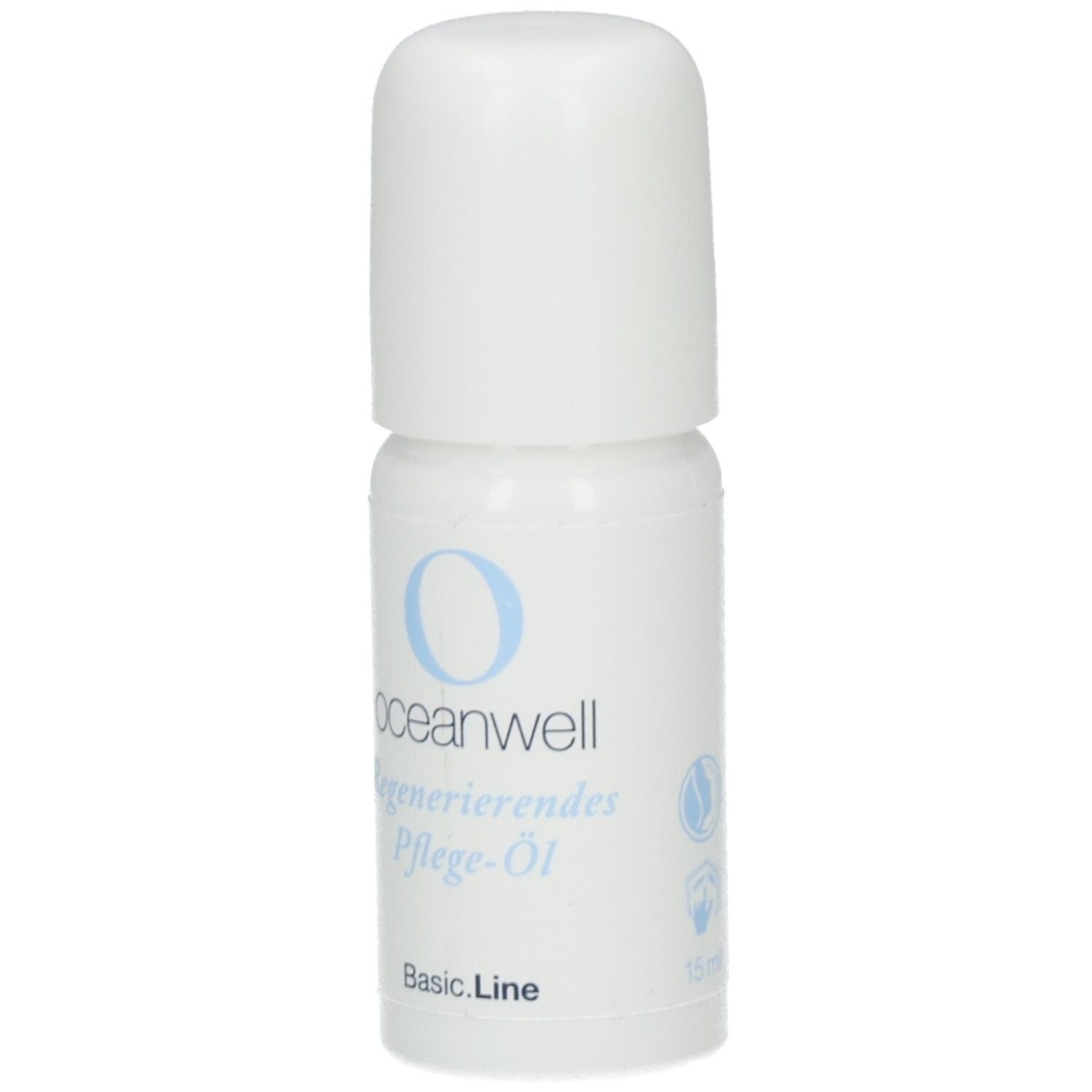 Weiße Flasche mit blauem Logo und Schriftzug. Beschriftung: oceanwell, Regenerierendes Pflege-Öl, Basic.Line, 15 ml.