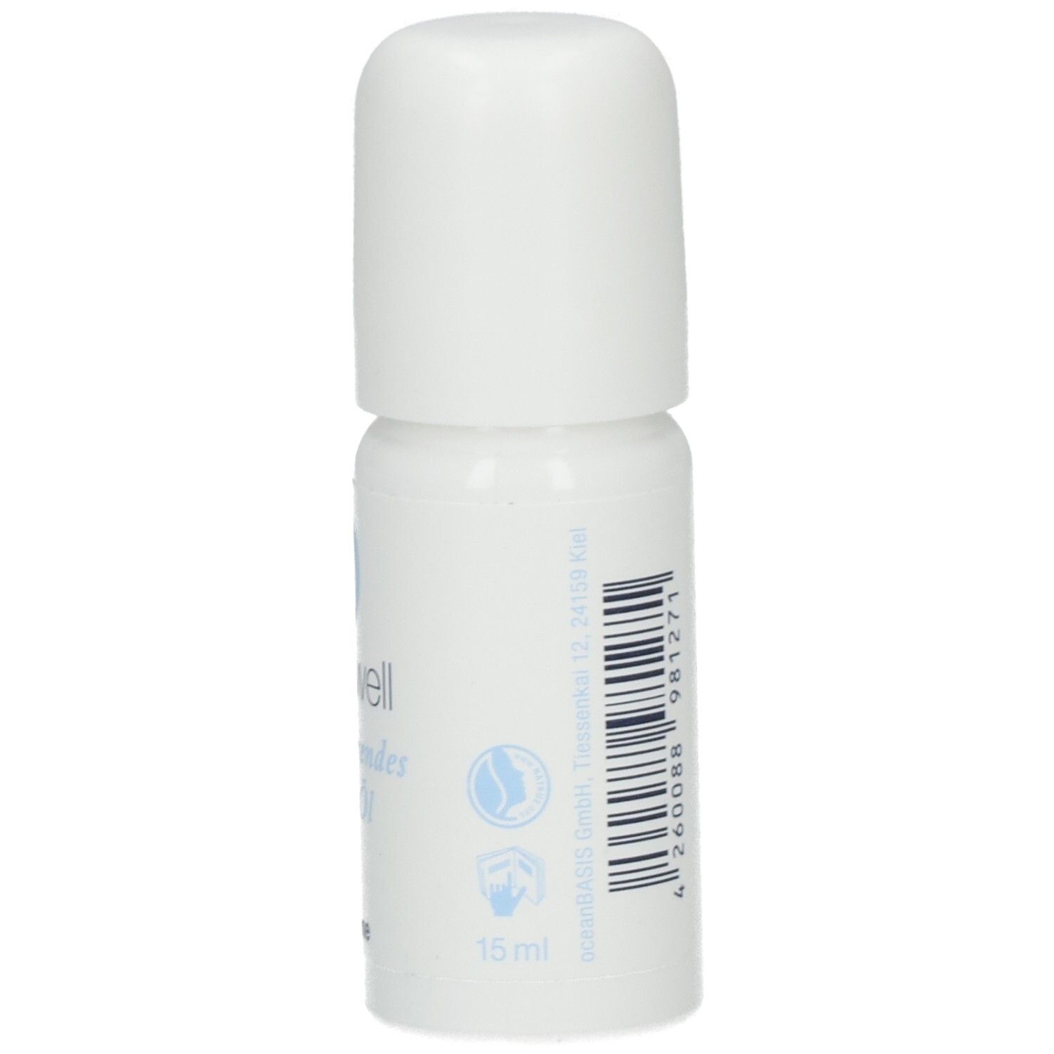Weiße Flasche mit Barcode und Schriftzug. Beschriftung: oceanwell, Regenerierendes Pflege-Öl, 15 ml.