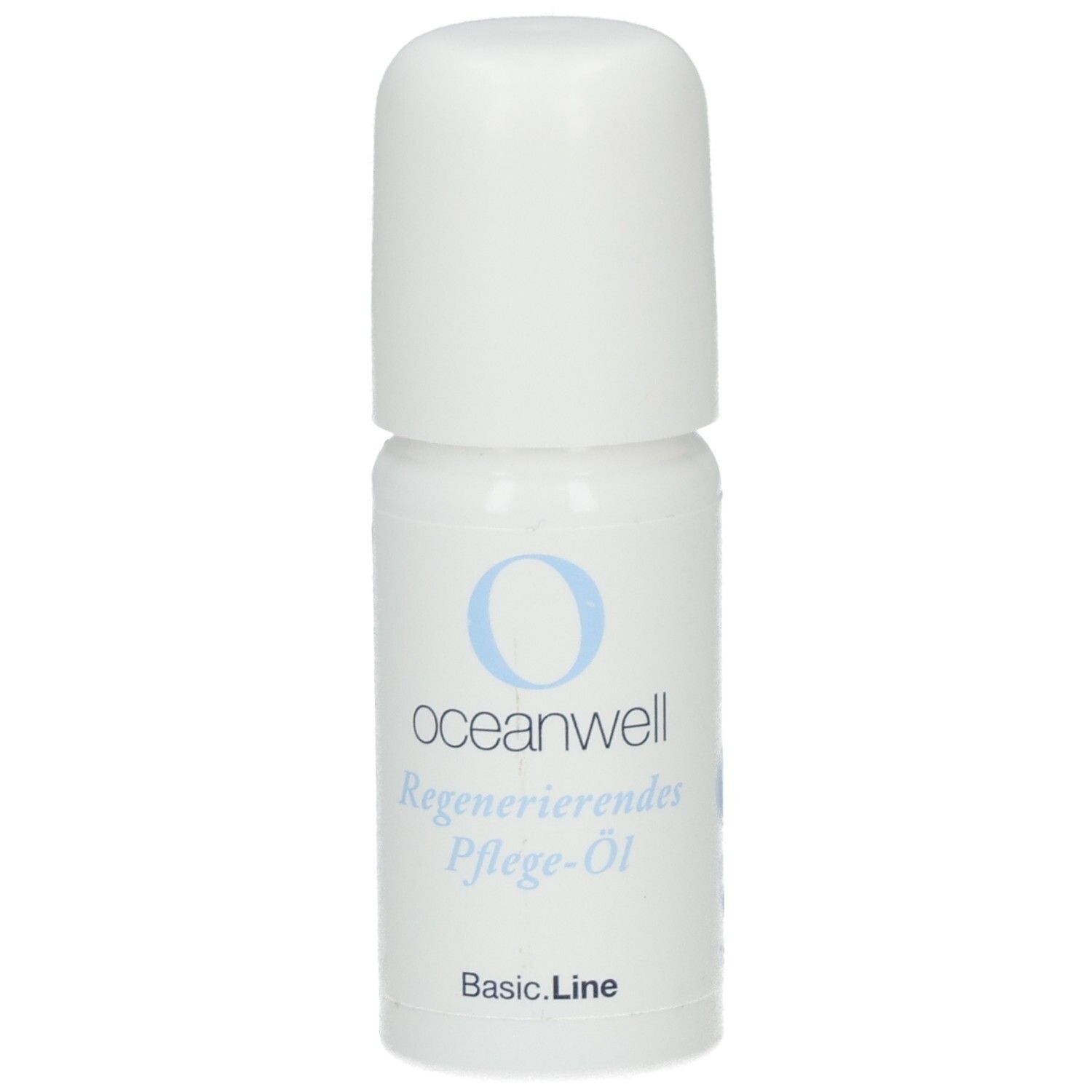 Weiße Flasche mit blauem Logo und Schriftzug. Beschriftung: oceanwell, Regenerierendes Pflege-Öl, Basic.Line.