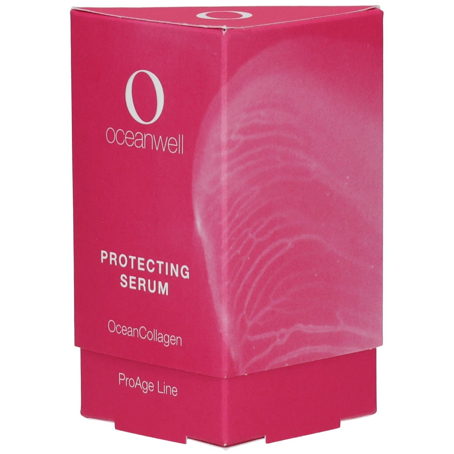 Rosa Verpackung mit weißem "O"-Logo und Schriftzug "oceanwell". Text: "PROTECTING SERUM", "OceanCollagen", "ProAge Line".