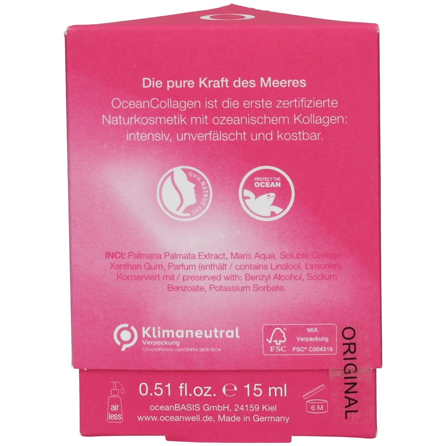 Rückseite der rosa Verpackung. Text: "Die pure Kraft des Meeres", "OceanCollagen". Logos und Text zu Inhaltsstoffen und Zertifizierungen.