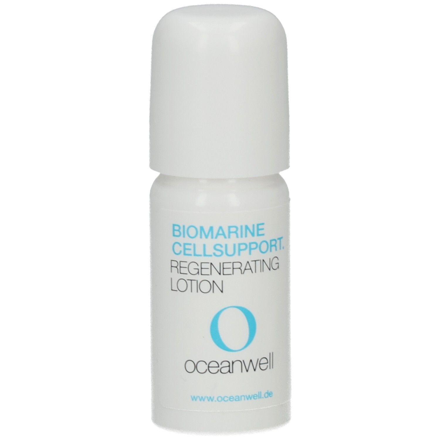 Weiße Flasche mit Roll-on-Applikator. Aufschrift: BIOMARINE CELLSUPPORT. REGENERATING LOTION. O-Logo und oceanwell-Logo.