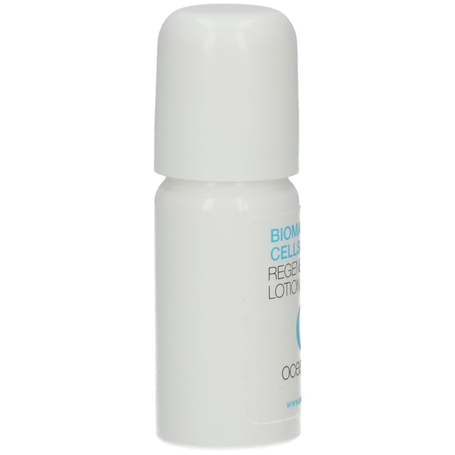Weiße Flasche mit Roll-on-Applikator. Seitenansicht. Aufschrift: BIOMARINE CELLSUPPORT. REGENERATING LOTION. O-Logo.