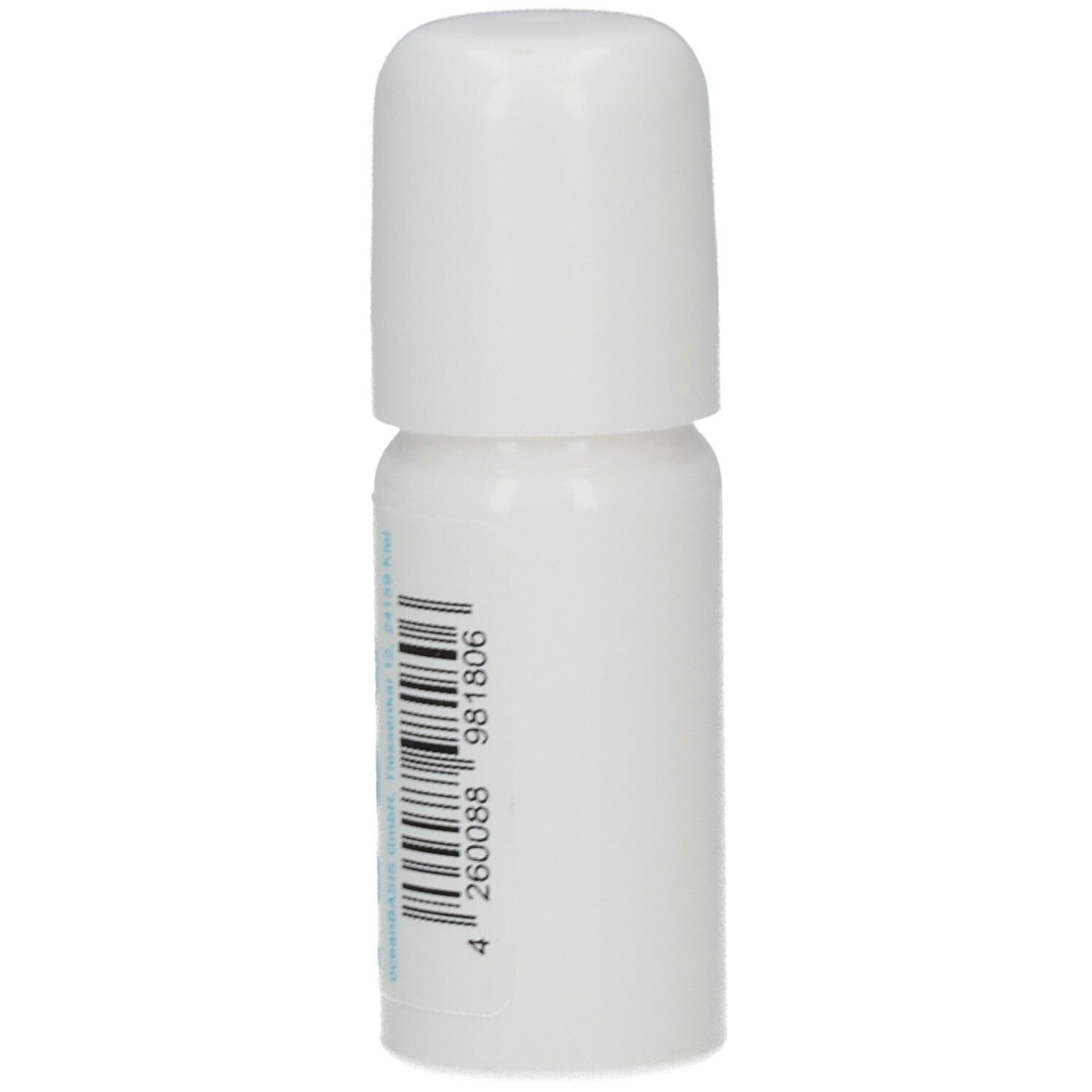 Weiße Flasche mit Roll-on-Applikator. Rückseite mit Barcode und Aufschrift.