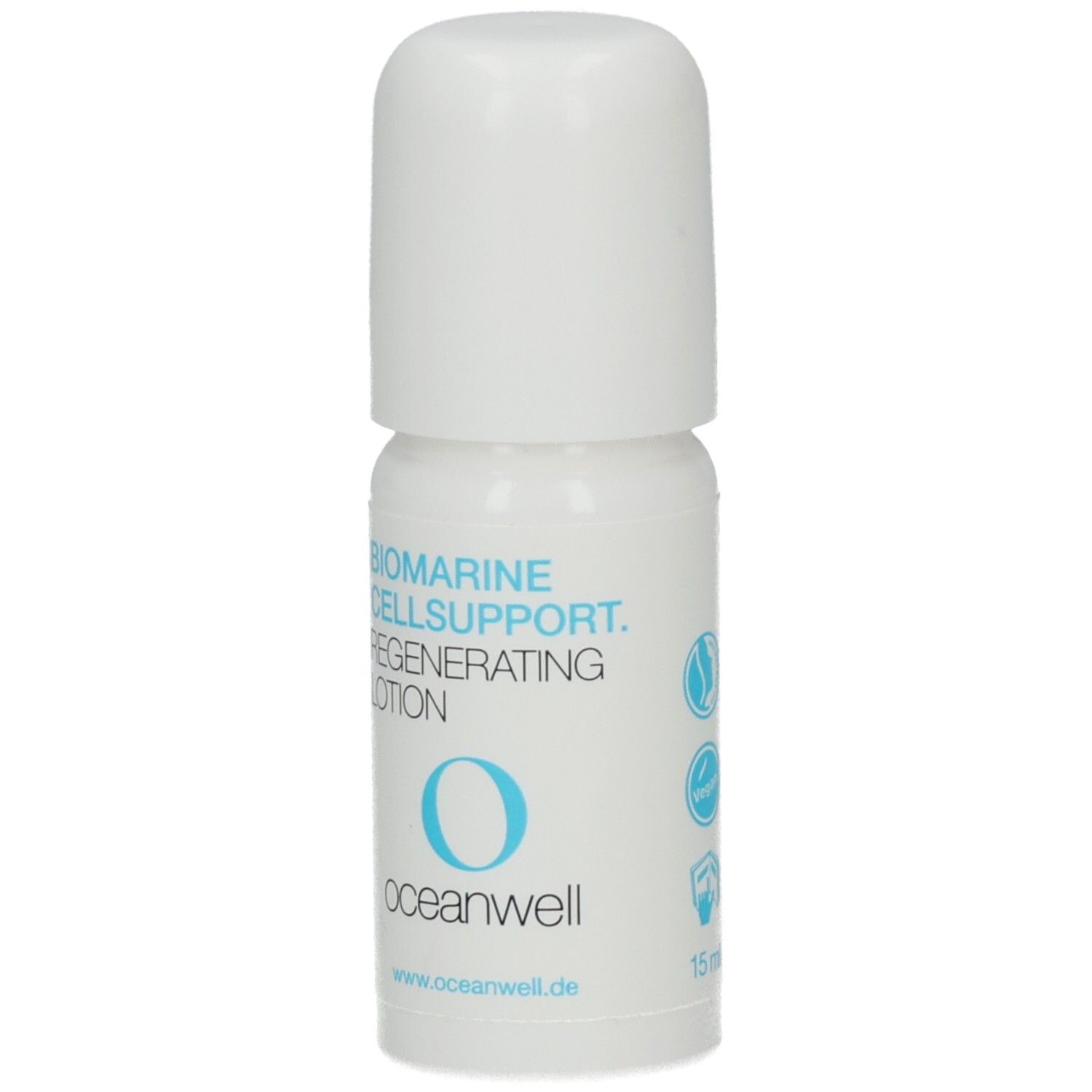 Weiße Flasche mit Roll-on-Applikator. Aufschrift: BIOMARINE CELLSUPPORT. REGENERATING LOTION. O-Logo, 15 ml.