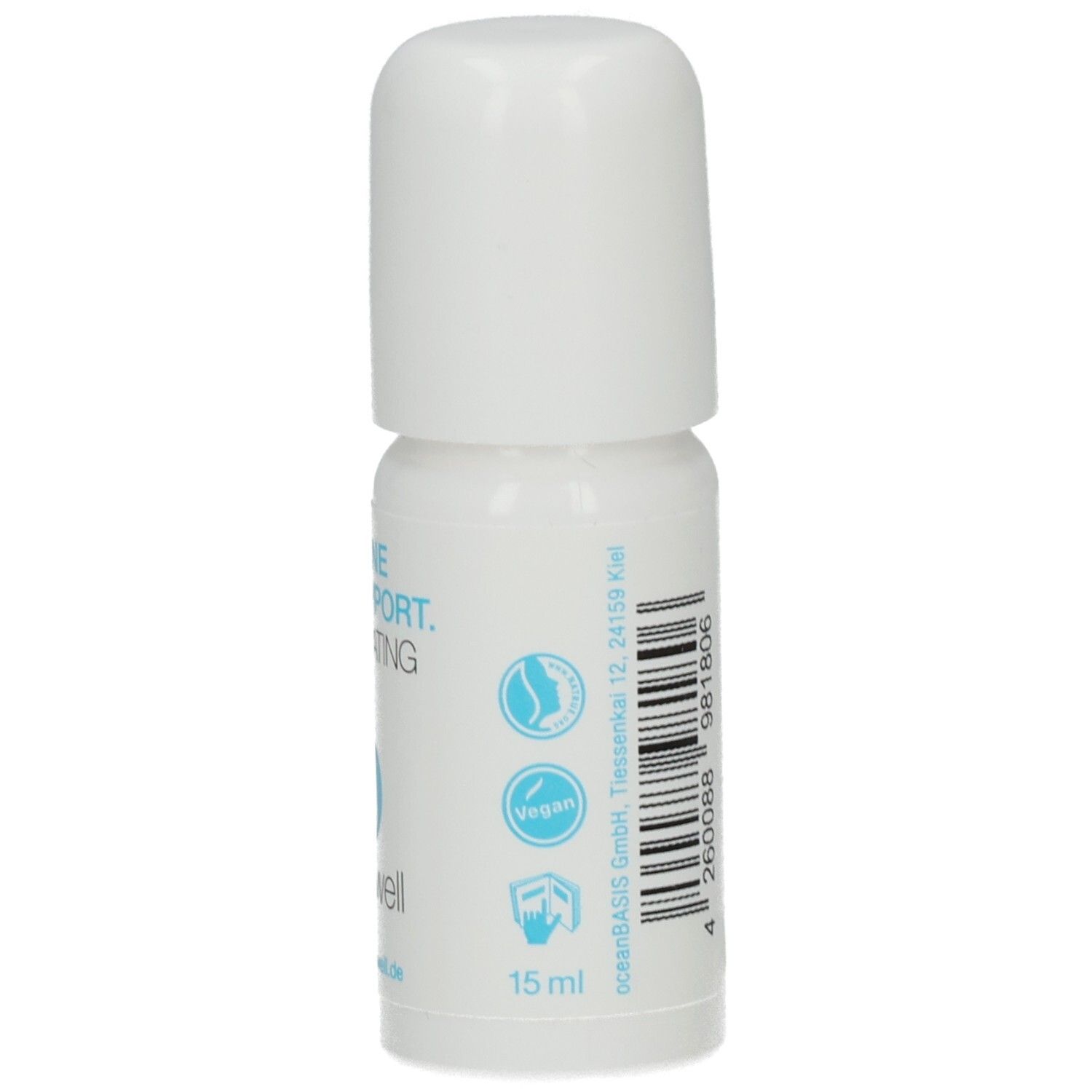 Weiße Flasche mit Roll-on-Applikator. Aufschrift: BIOMARINE CELLSUPPORT. REGENERATING LOTION. Vegan-Logo, 15 ml.