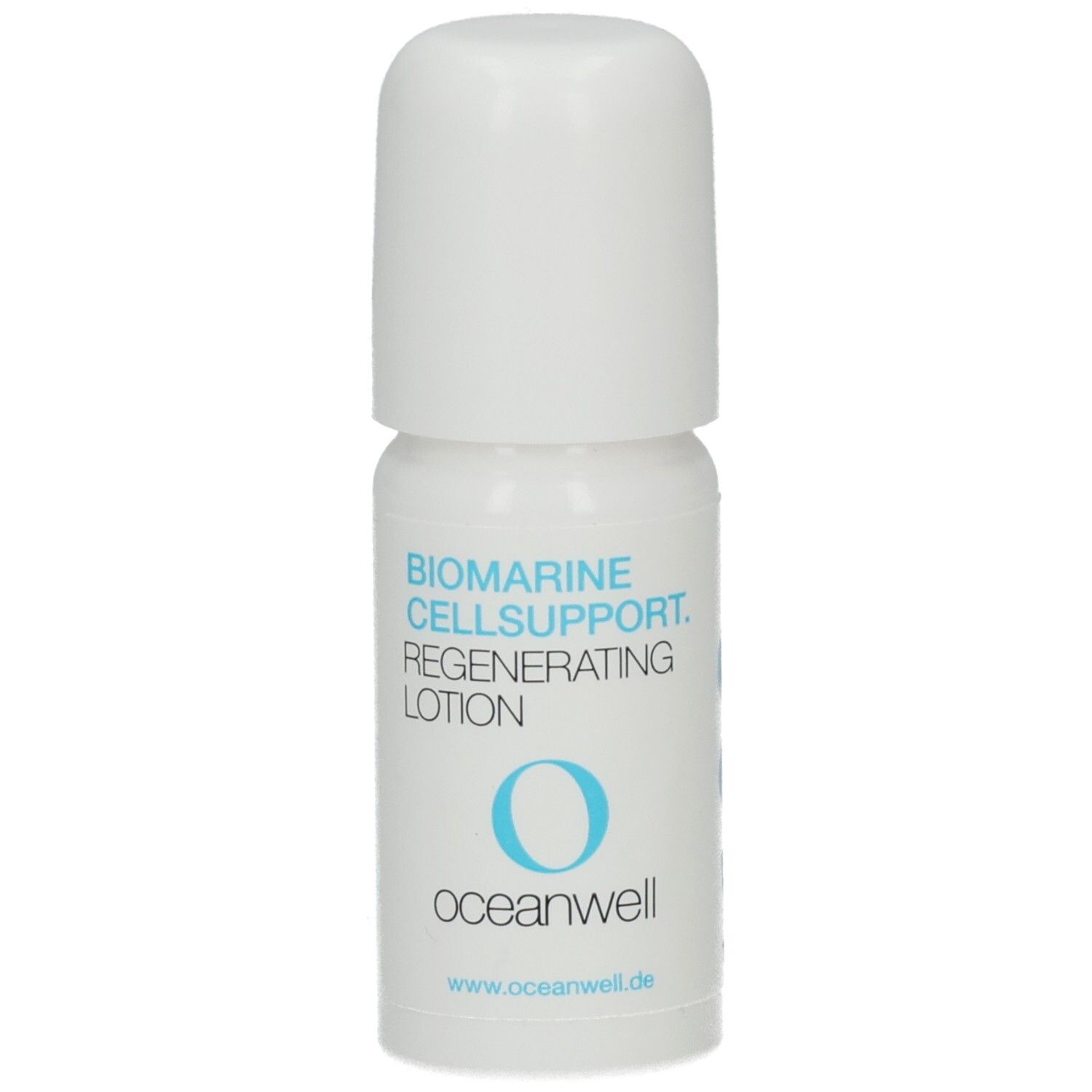 Weiße Flasche mit Roll-on-Applikator. Aufschrift: BIOMARINE CELLSUPPORT. REGENERATING LOTION. O-Logo und oceanwell-Logo.