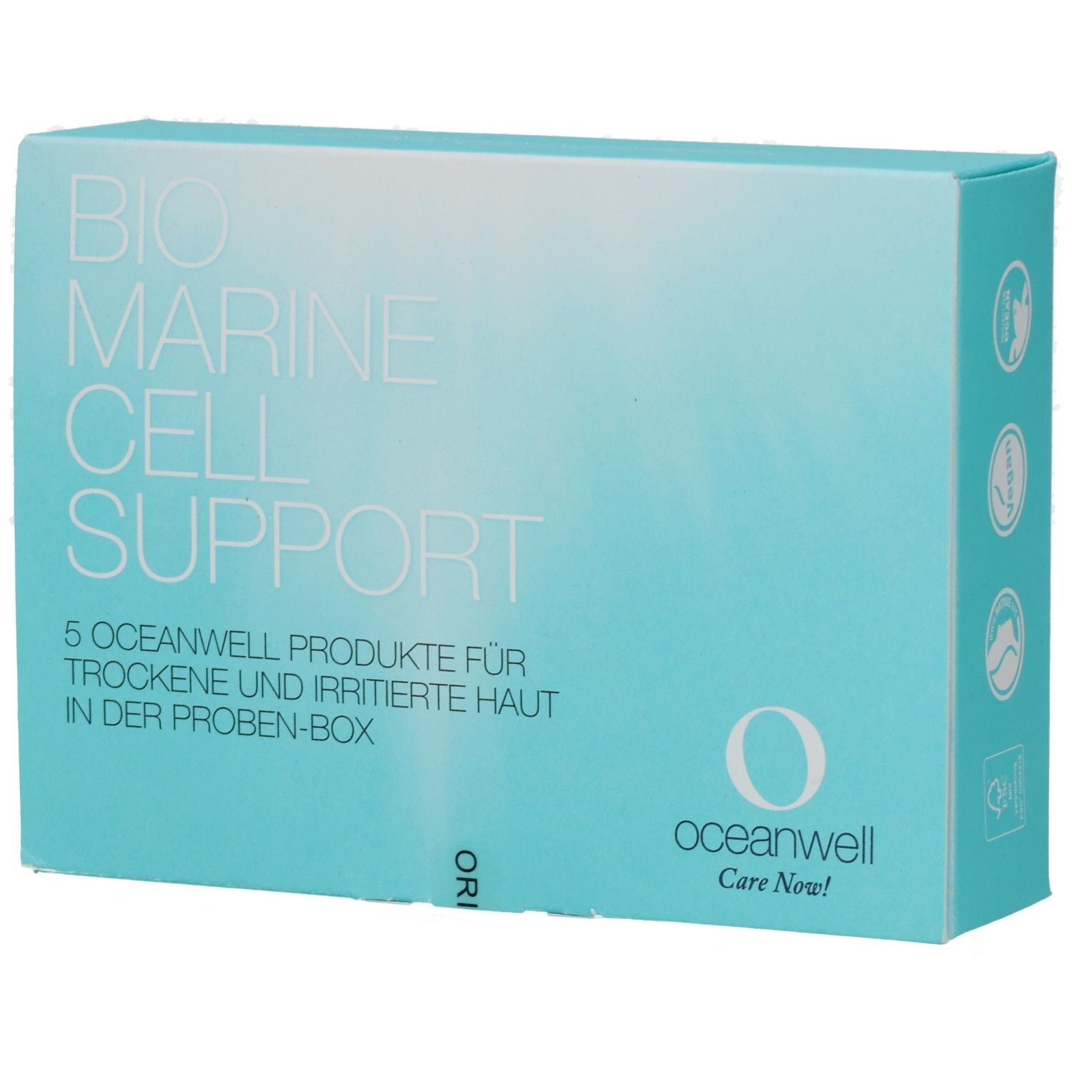 Hellblaue Produktverpackung mit Aufschrift BIO MARINE CELL SUPPORT. Oben links: BIO MARINE CELL SUPPORT. Unten rechts: oceanwell.