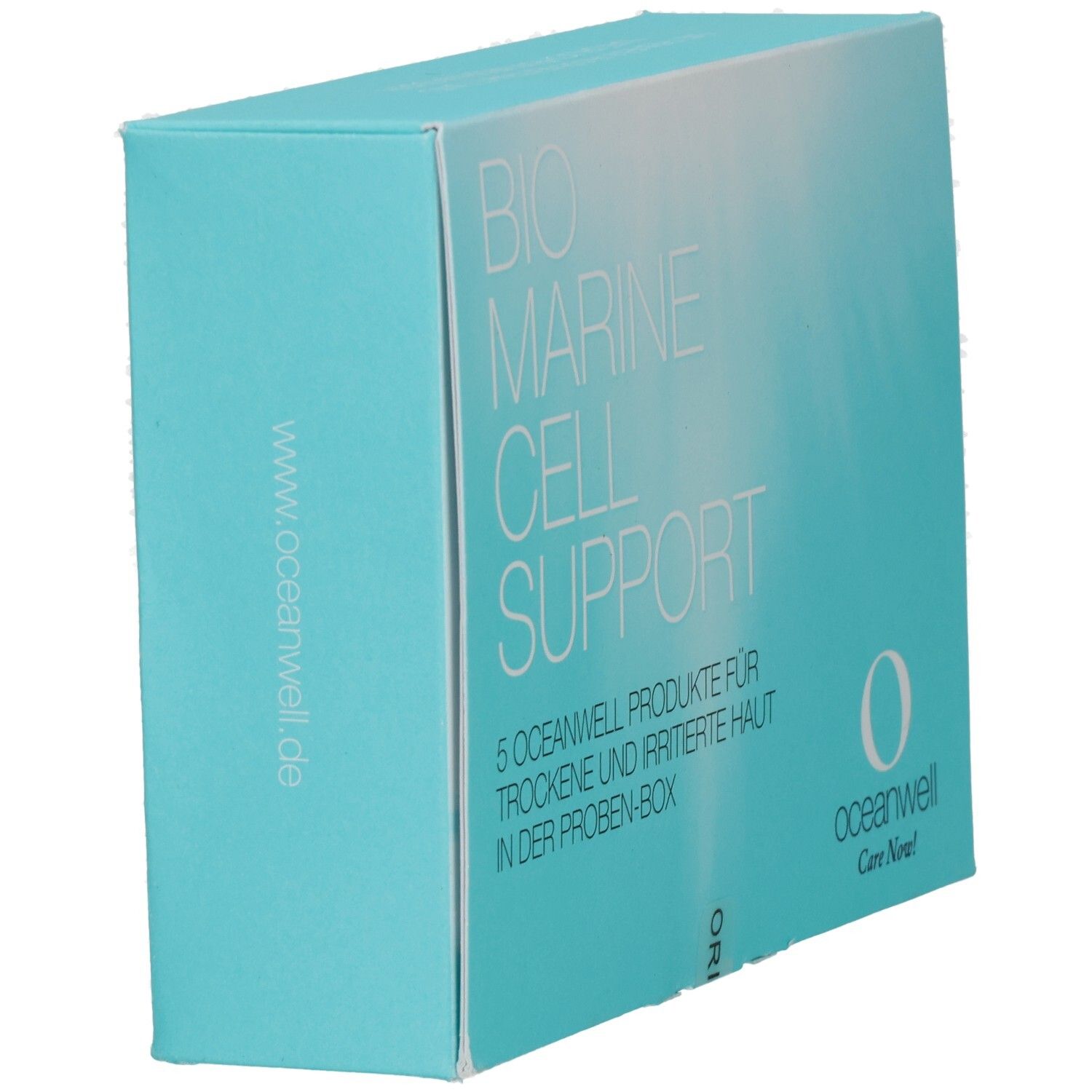 Hellblaue Produktverpackung mit Aufschrift BIO MARINE CELL SUPPORT. oceanwell-Logo. Auf der Seite: www.oceanwell.de.