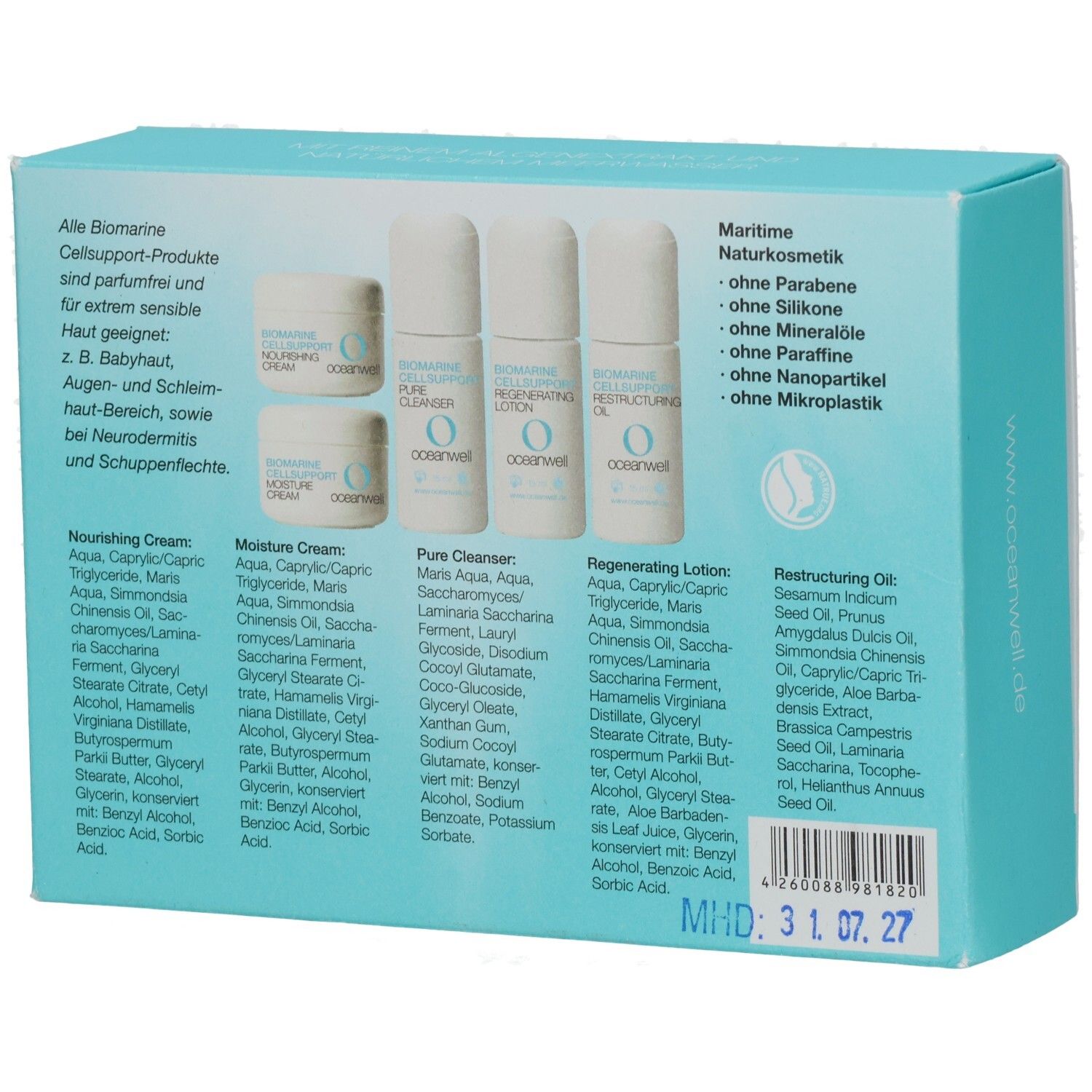 Rückseite der Produktverpackung mit Produktinformationen und Inhaltsstoffen. MHD: 31.07.27. oceanwell-Logo.