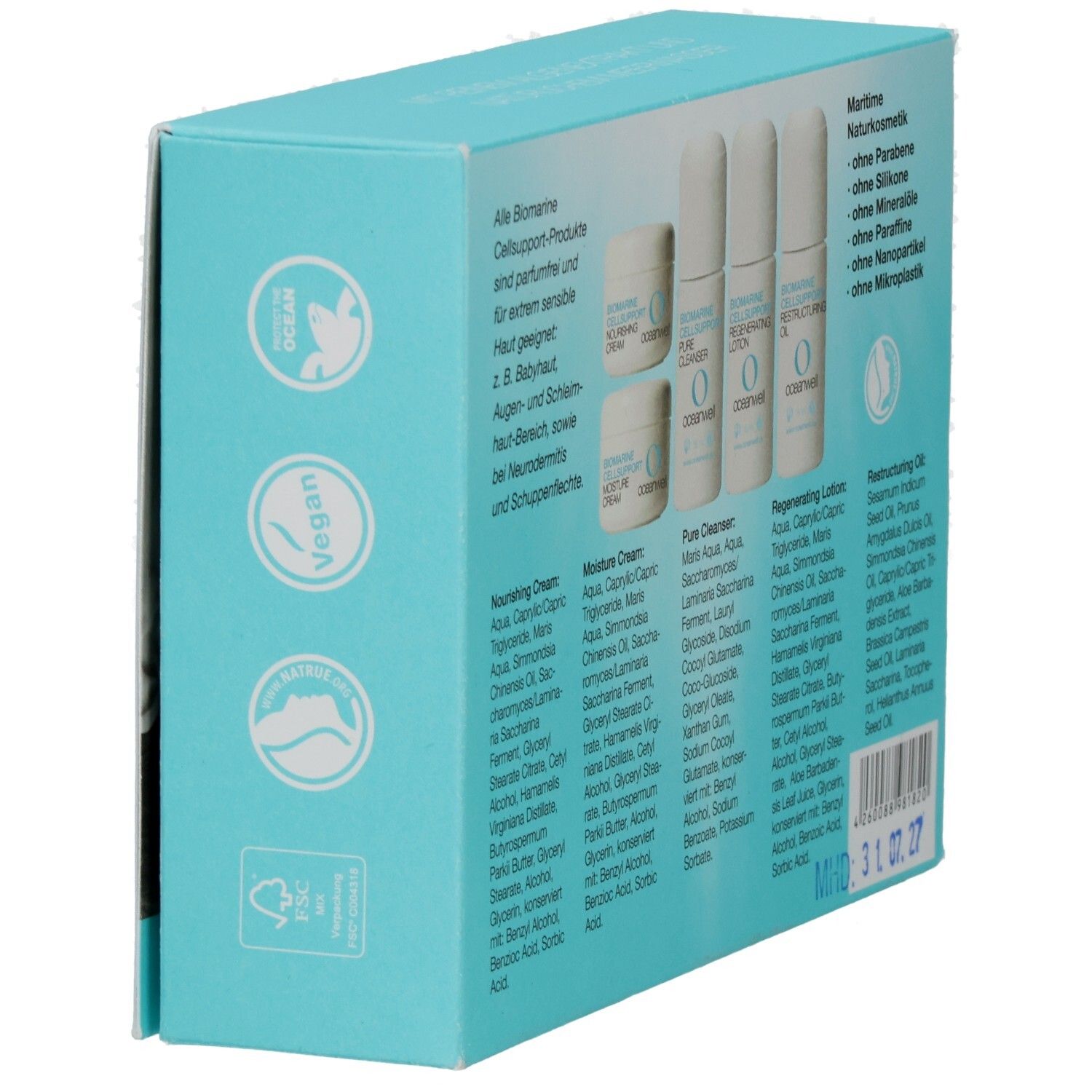 Produktverpackung mit Produktinformationen und Logos. Vegan-Logo. FSC-Logo. oceanwell-Logo. MHD: 31.07.27.