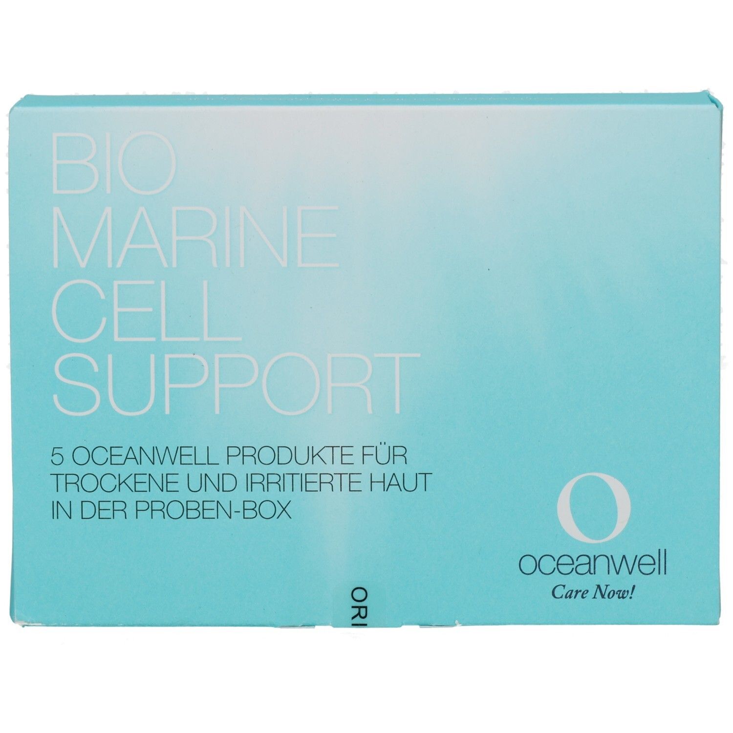 Hellblaue Produktverpackung mit Aufschrift BIO MARINE CELL SUPPORT. oceanwell-Logo. 5 Produkte für trockene und irritierte Haut.