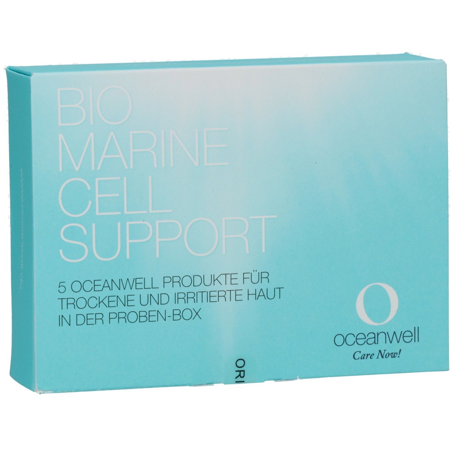 Hellblaue Produktverpackung mit Aufschrift BIO MARINE CELL SUPPORT. oceanwell-Logo. 5 Produkte für trockene und irritierte Haut.