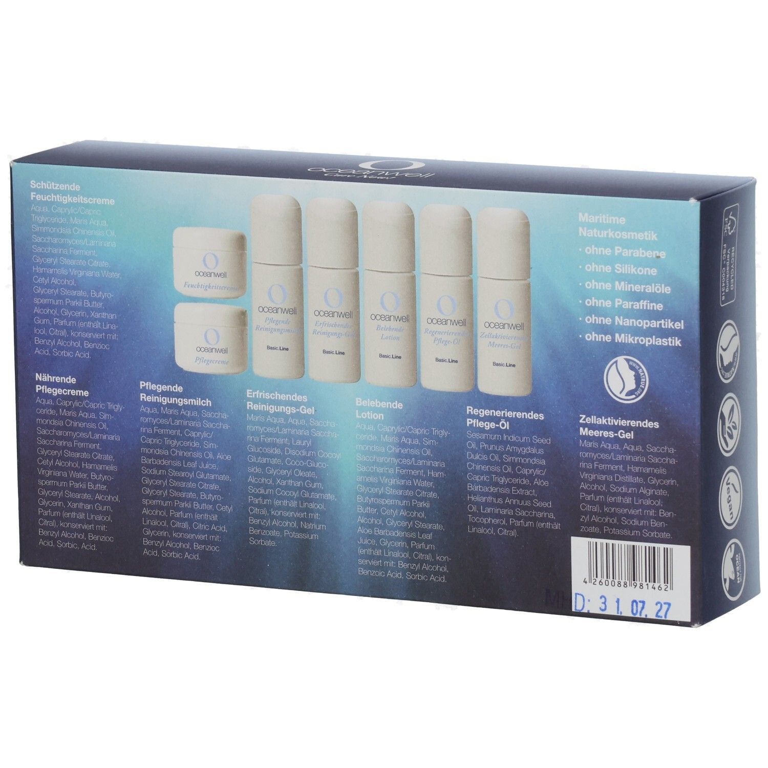 Rückseite der Produktverpackung. Sechs Flakons und zwei Tiegel. Text: Inhaltsstoffe und Produktnamen. Logo: oceanwell. Datum: 31 07 27.