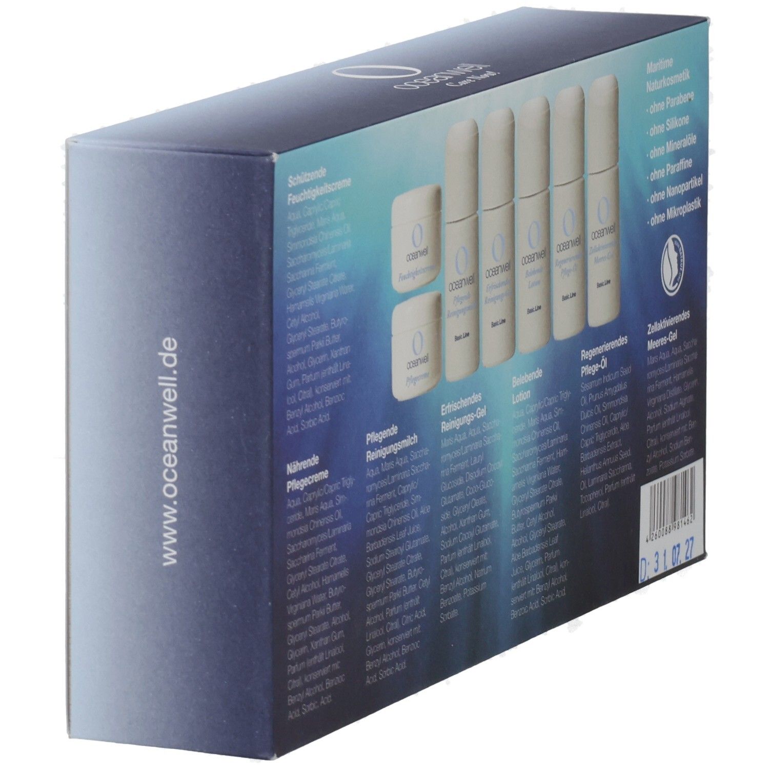 Produktverpackung, schräg. Sechs Flakons und zwei Tiegel. Text: Inhaltsstoffe und Produktnamen. Logo: oceanwell. Website: www.oceanwell.de.