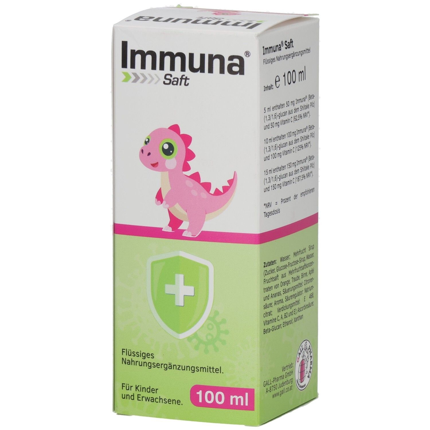 Grüne und weiße Schachtel mit rosa Dinosaurier-Illustration. Text: Immuna Saft, 100 ml, flüssiges Nahrungsergänzungsmittel für Kinder und Erwachsene.