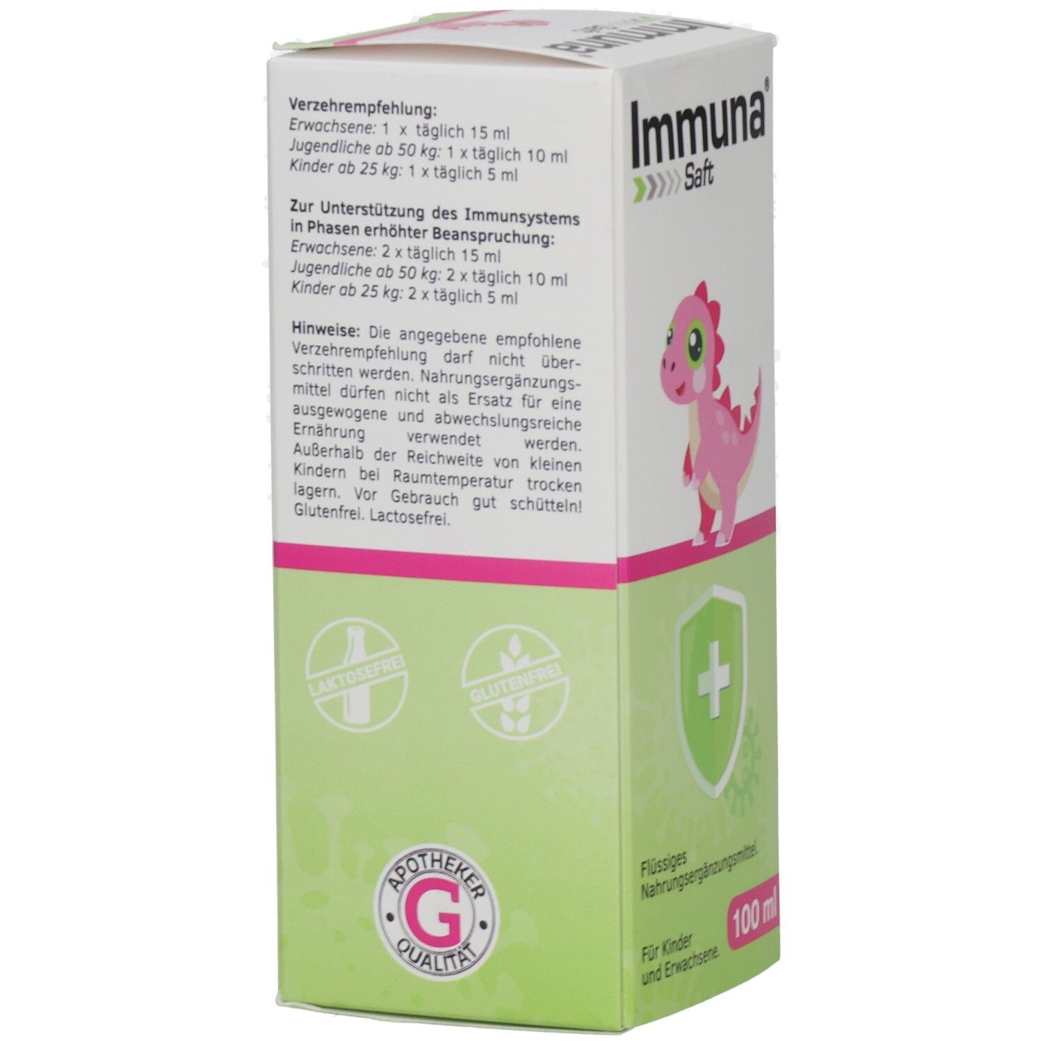 Rückseite der grünen und weißen Schachtel. Text: Verzehrempfehlung, Hinweise, Apotheker Qualität, glutenfrei, lactosefrei. Rosa Dinosaurier-Illustration.