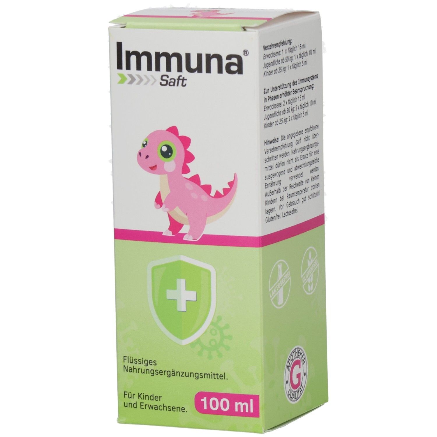 Grüne und weiße Schachtel mit rosa Dinosaurier-Illustration. Text: Immuna Saft, flüssiges Nahrungsergänzungsmittel, 100 ml. Qualitätszeichen.