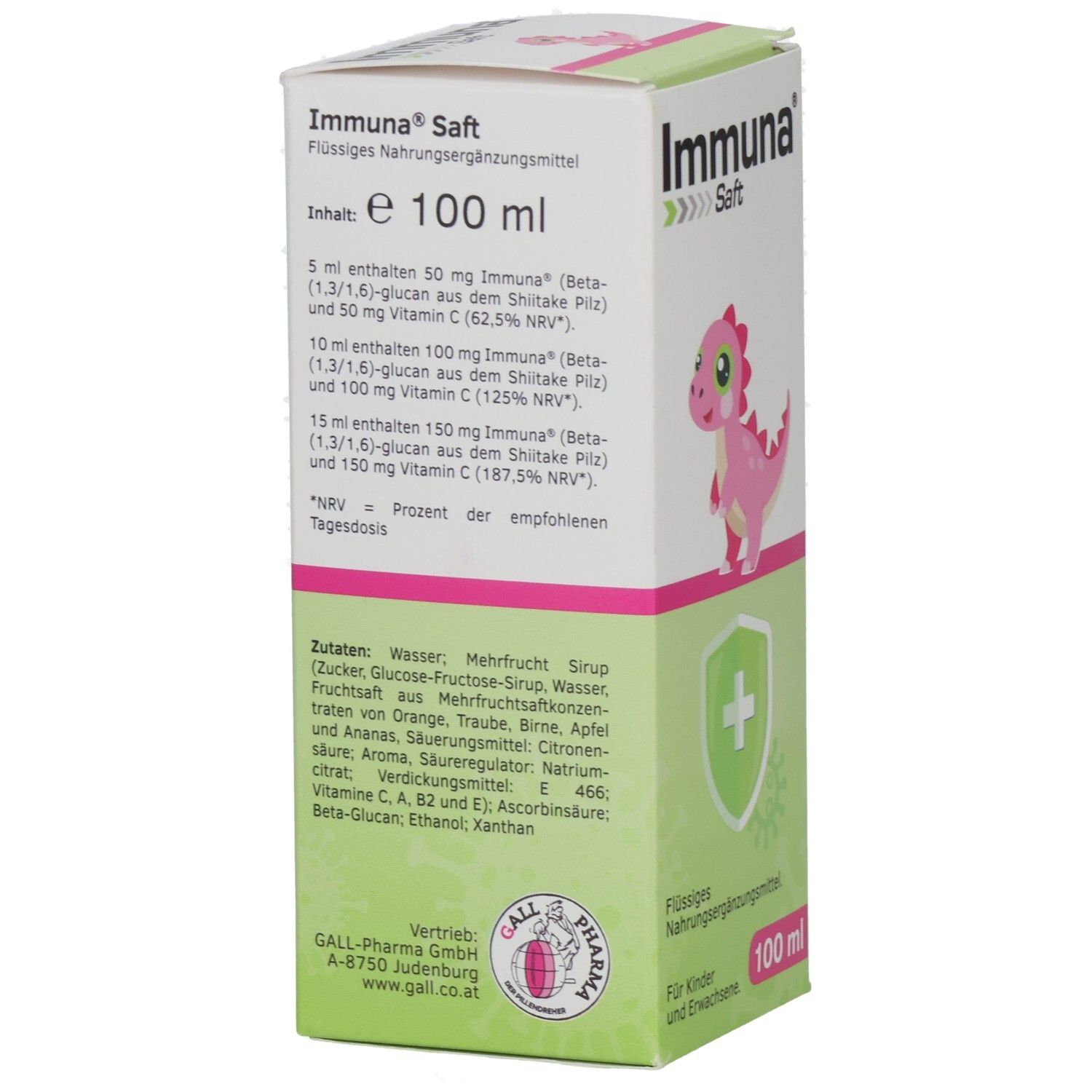 Grüne und weiße Schachtel mit Text und Inhaltsangaben. Text: Immuna Saft, 100 ml. Rosa Dinosaurier-Illustration. Zutatenliste.