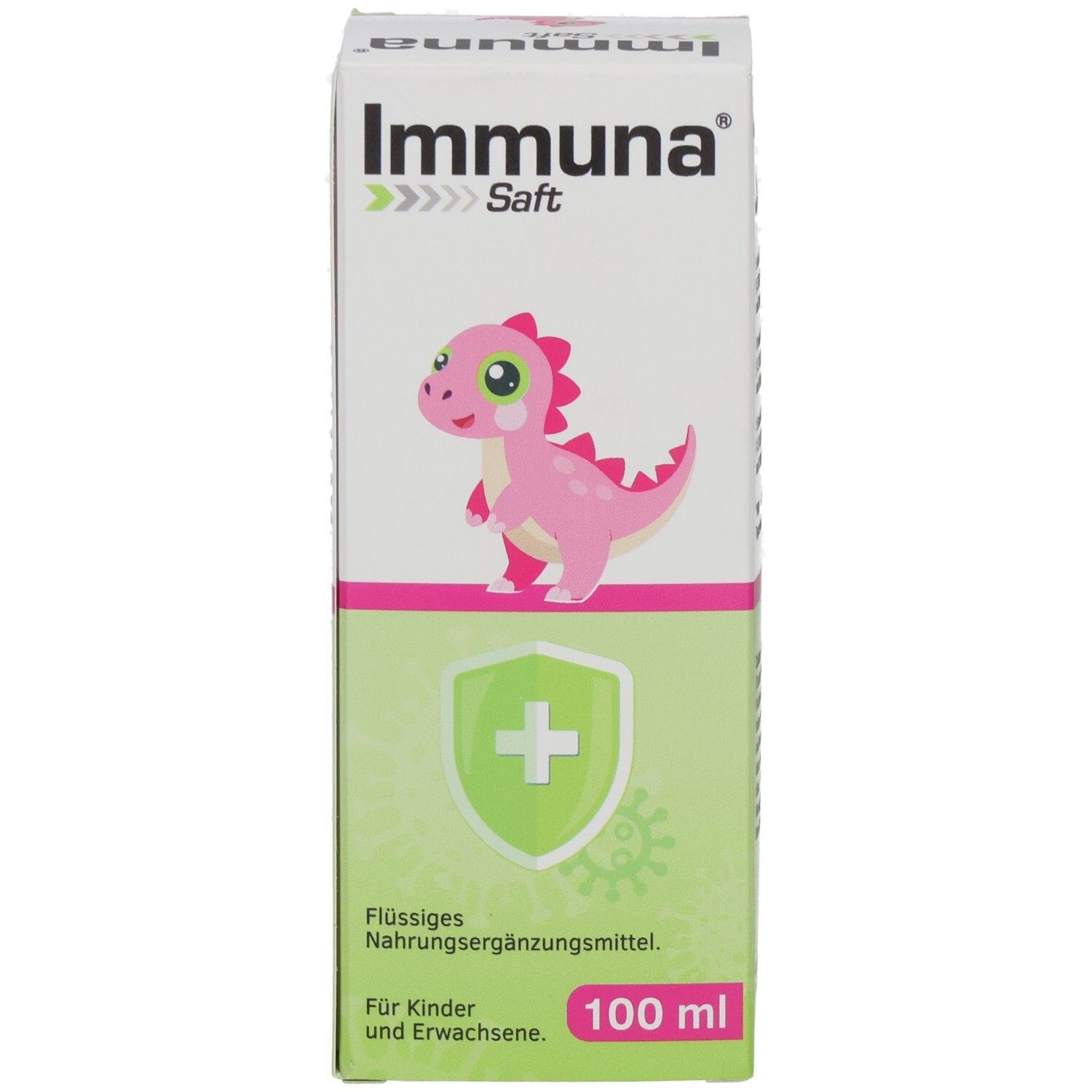 Grüne und weiße Schachtel mit rosa Dinosaurier-Illustration. Text: Immuna Saft, flüssiges Nahrungsergänzungsmittel, 100 ml.