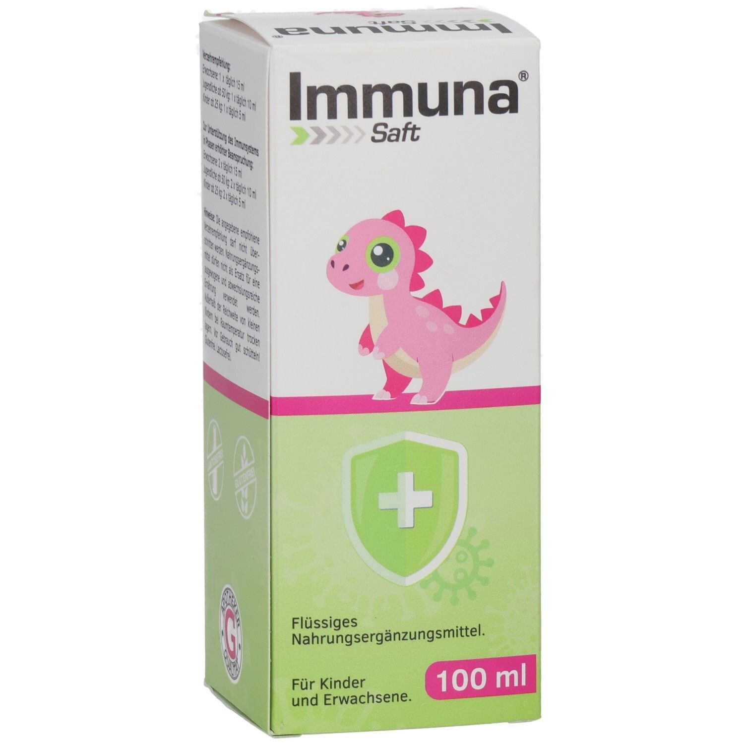 Grüne und weiße Schachtel mit rosa Dinosaurier-Illustration. Text: Immuna Saft, flüssiges Nahrungsergänzungsmittel, 100 ml. Qualitätszeichen.