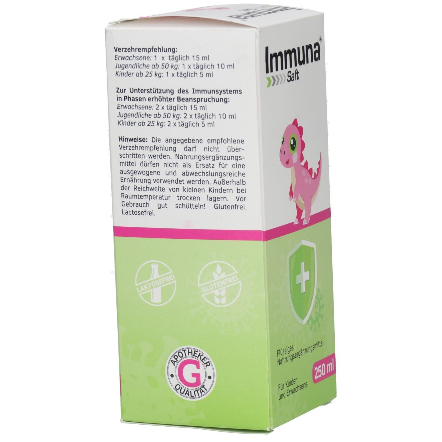 Rückseite der Immuna® Saft Verpackung. Enthält Informationen zur Dosierung und Hinweise. Apotheker Qualität Siegel.