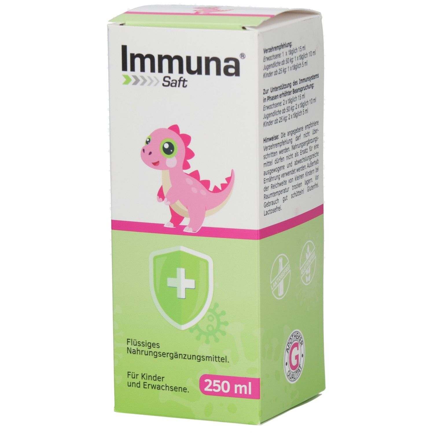 Vorderseite der Immuna® Saft Verpackung. Enthält Informationen zur Dosierung und Hinweise. Apotheker Qualität Siegel.