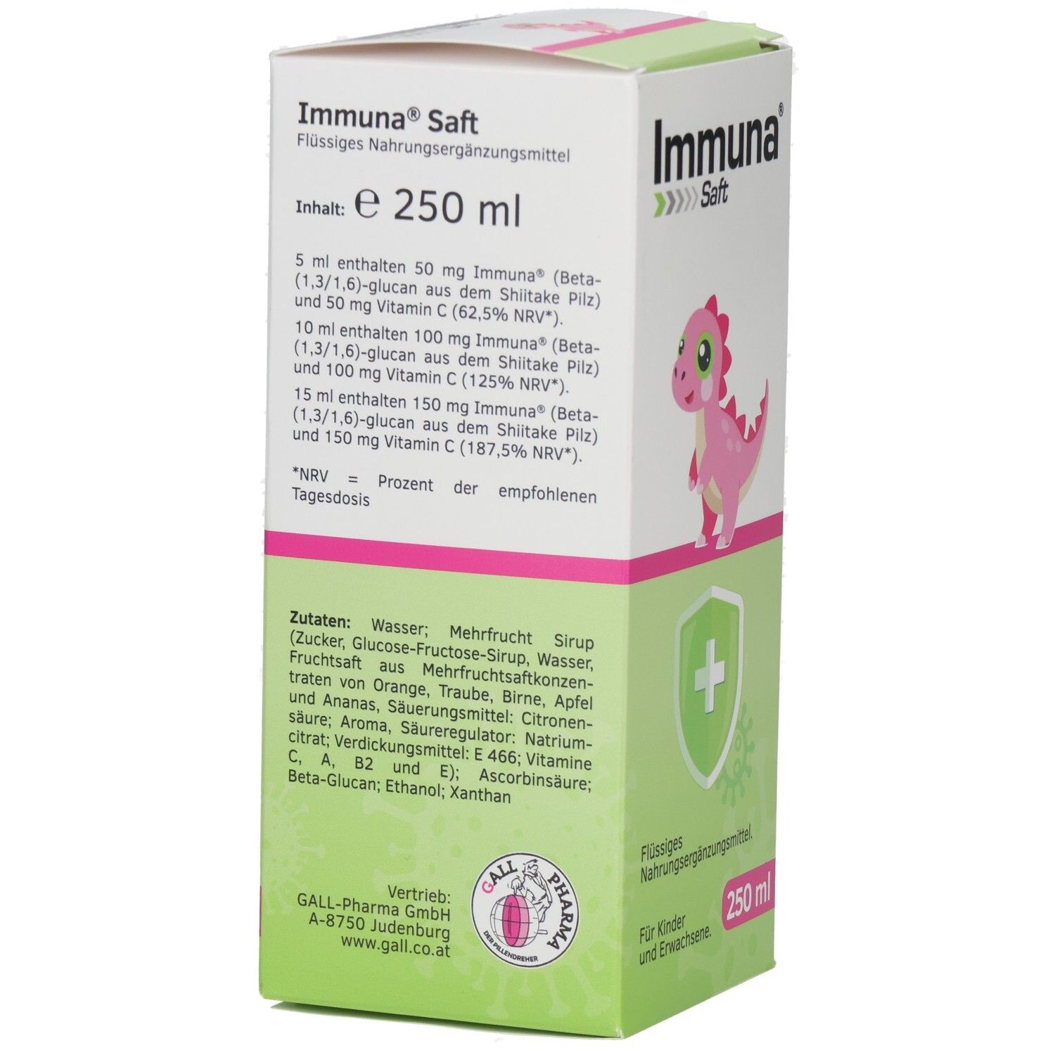 Seite der Immuna® Saft Verpackung. Enthält Informationen über die Inhaltsstoffe und Nährwerte. 250 ml.