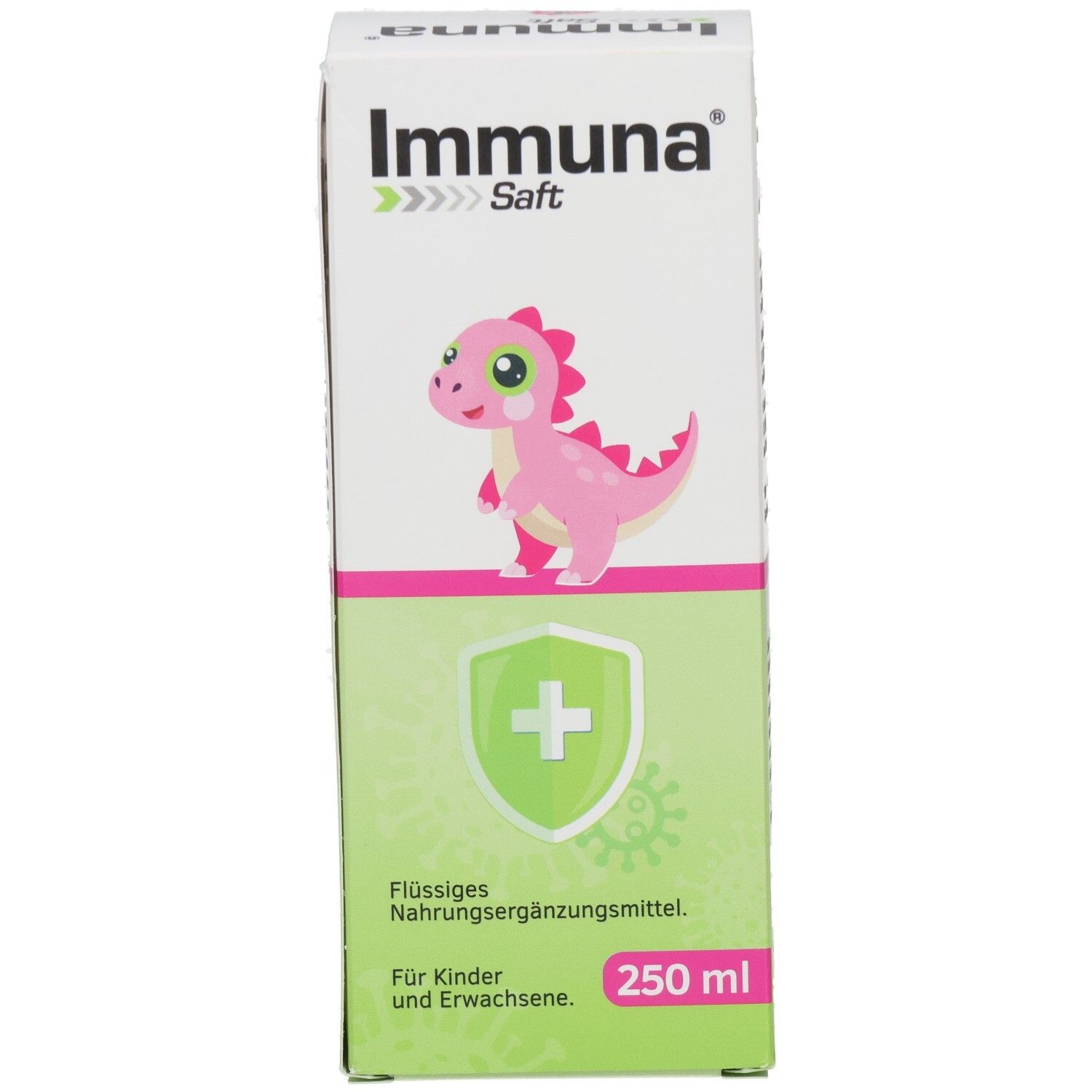 Vorderseite der Immuna® Saft Verpackung. Flüssiges Nahrungsergänzungsmittel. 250 ml. Mit einem rosa Dinosaurier.