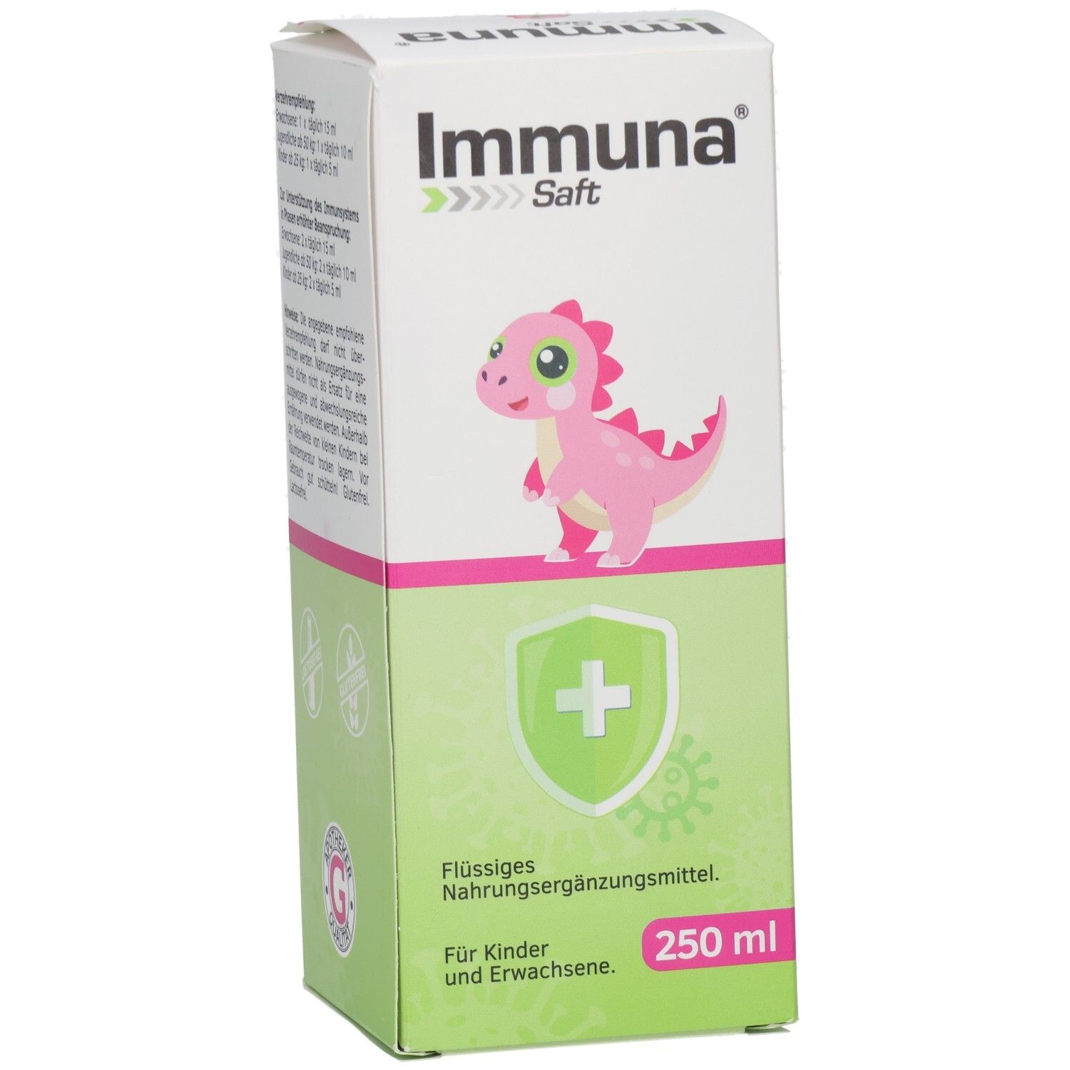 Vorderseite der Immuna® Saft Verpackung. Flüssiges Nahrungsergänzungsmittel. 250 ml. Mit einem rosa Dinosaurier.