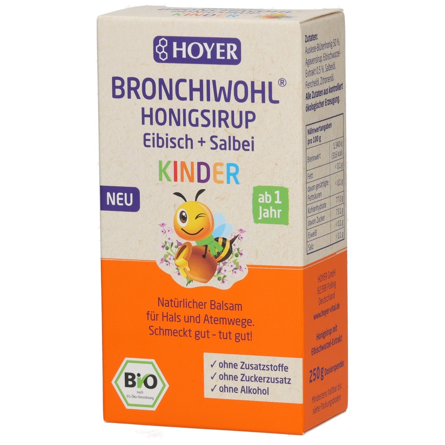 Karton mit BRONCHIWOHL Honigsirup, Eibisch + Salbei, für Kinder. Enthält Bio-Siegel. Aufschrift: ab 1 Jahr.