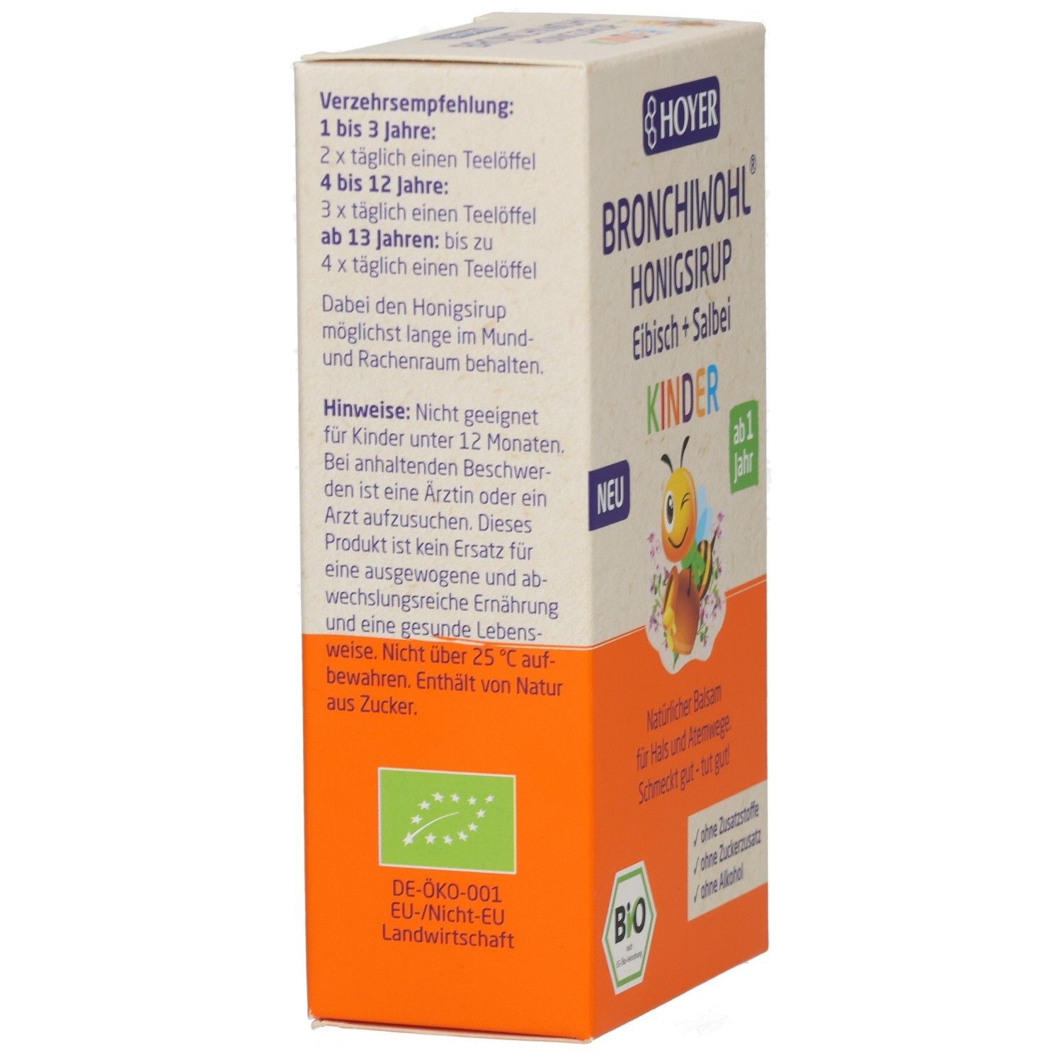 Seitenansicht der BRONCHIWOHL-Verpackung. Enthält Informationen zur Dosierung für Kinder. Bio-Siegel und EU-Öko-Logo.