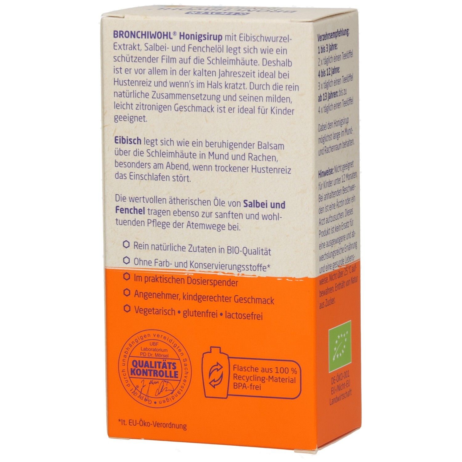 Rückseite der BRONCHIWOHL-Verpackung. Text über Inhaltsstoffe und Eigenschaften. Qualitätskontrolle-Logo und Recycling-Symbol.