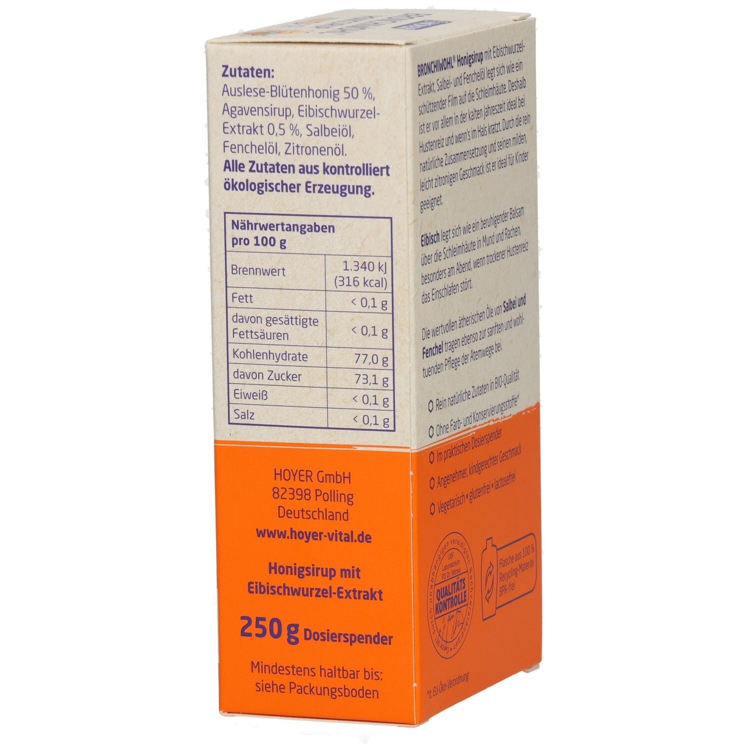 Seite der BRONCHIWOHL-Verpackung mit Nährwertangaben und Herstellerinformationen. Enthält Text in deutscher Sprache.