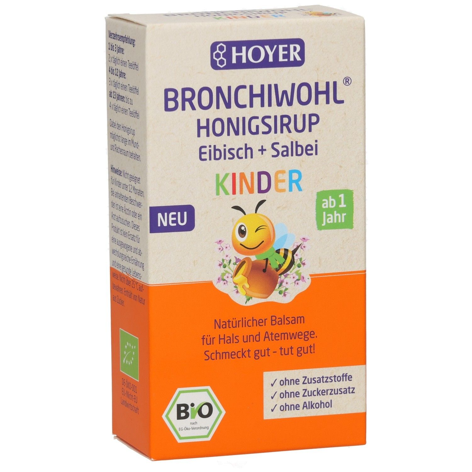 Vorderansicht der BRONCHIWOHL-Verpackung. Produktname, Illustration einer Biene. Bio-Siegel und Text: ab 1 Jahr.