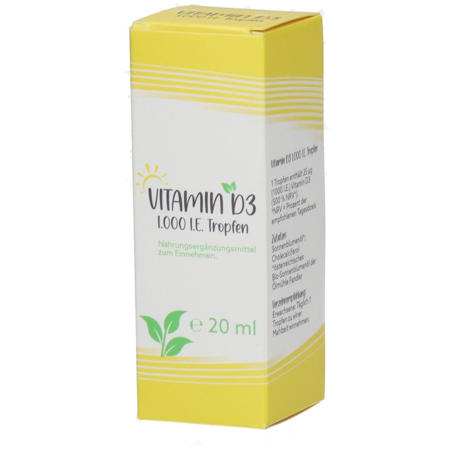 Gelbe Schachtel mit "Vitamin D3 1000 I.E. Tropfen". Enthält 20 ml. Aufdruck mit Produktinformationen und Logo.