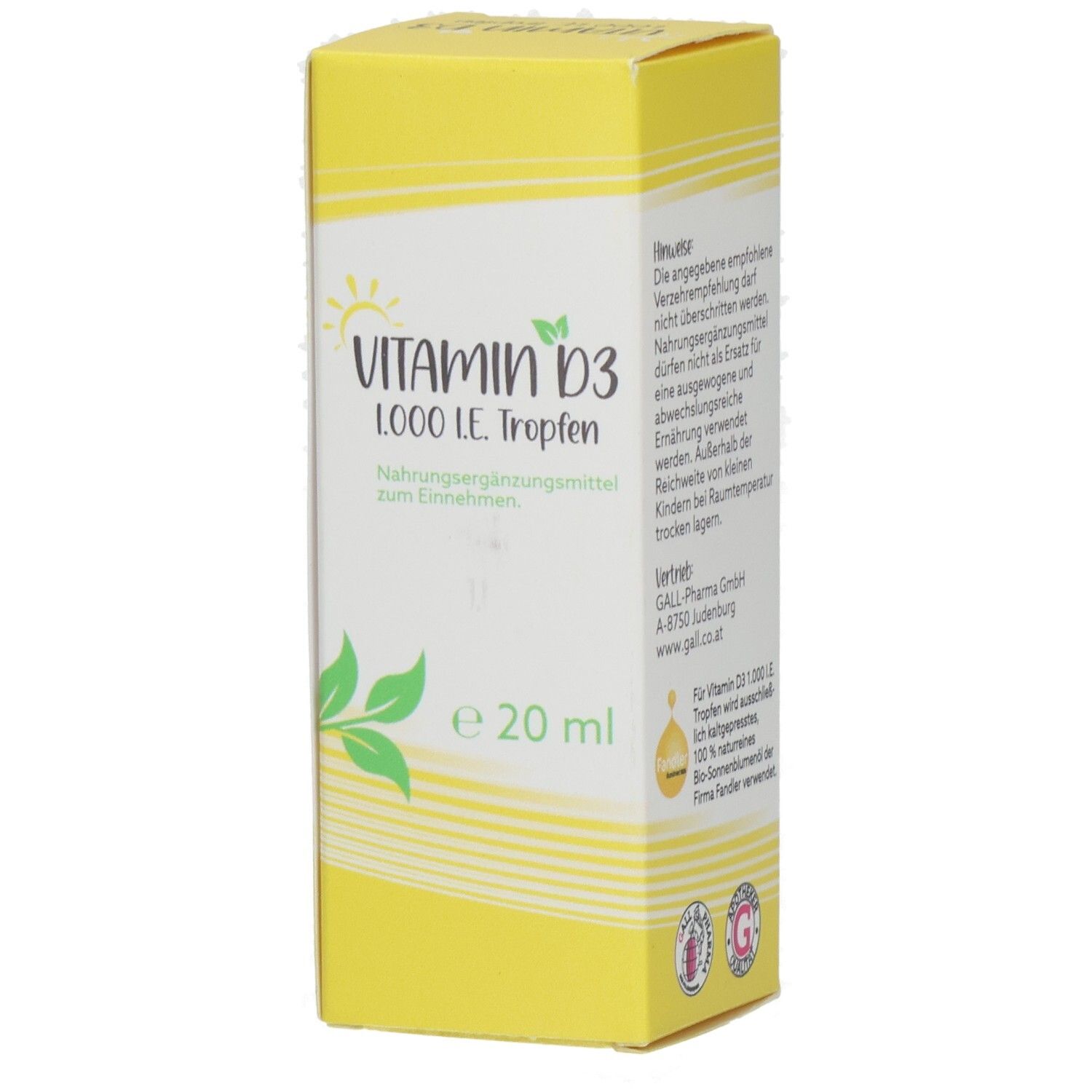 Gelbe Schachtel mit "Vitamin D3 1000 I.E. Tropfen". Enthält 20 ml. Aufdruck mit Produktinformationen und Logo.