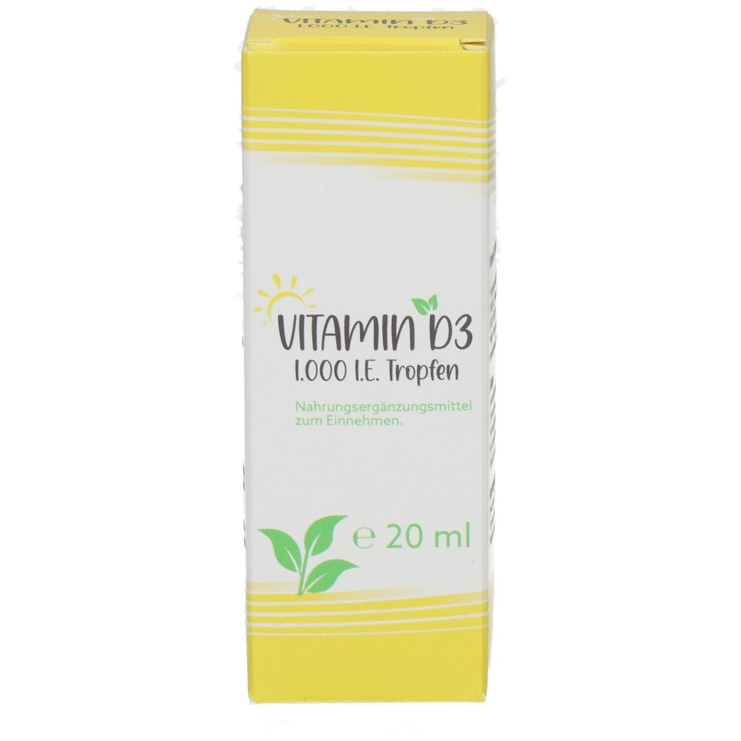 Gelbe Schachtel mit "Vitamin D3 1000 I.E. Tropfen". Enthält 20 ml. Aufdruck mit Produktinformationen und Logo.