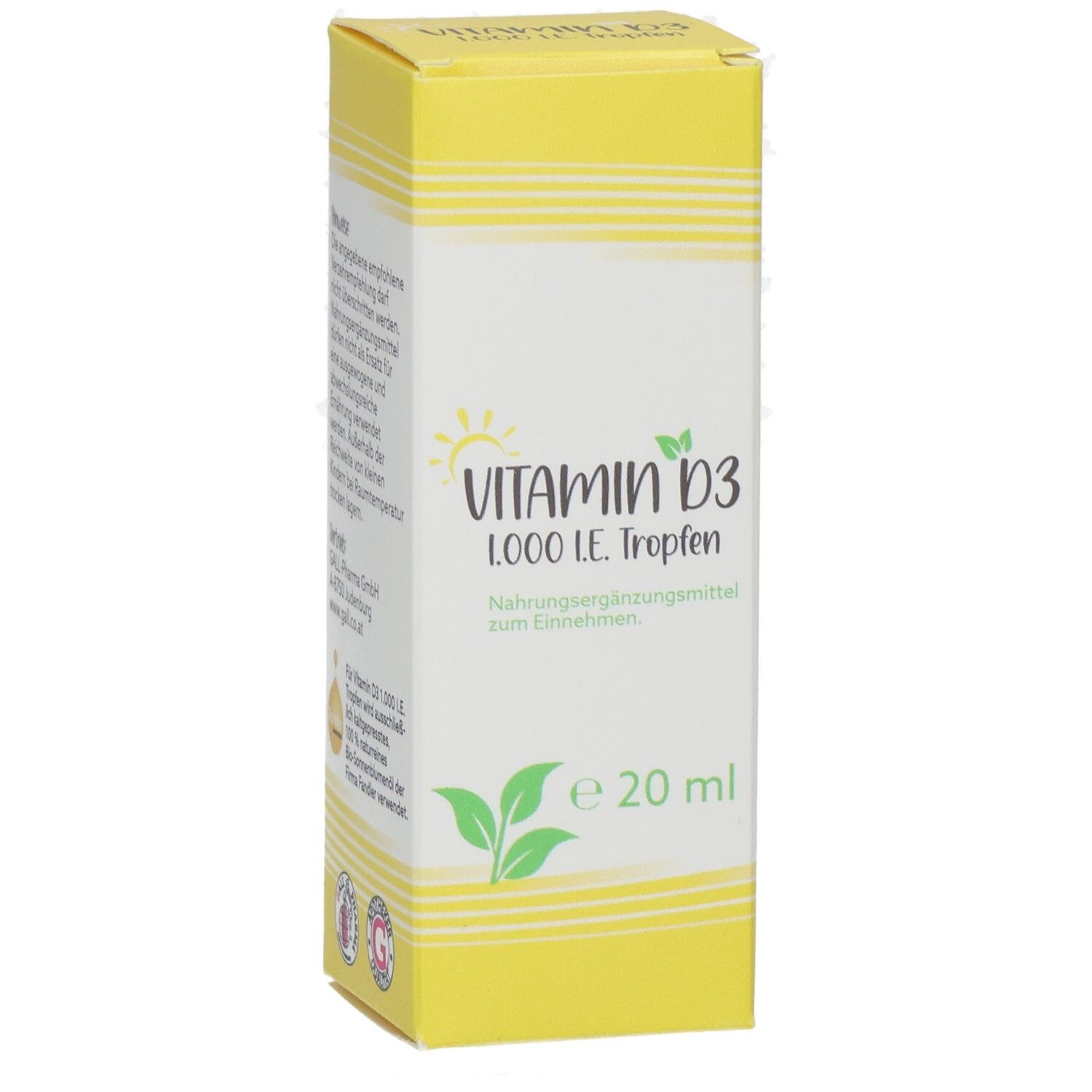 Gelbe Schachtel mit "Vitamin D3 1000 I.E. Tropfen". Enthält 20 ml. Aufdruck mit Produktinformationen und Logo.