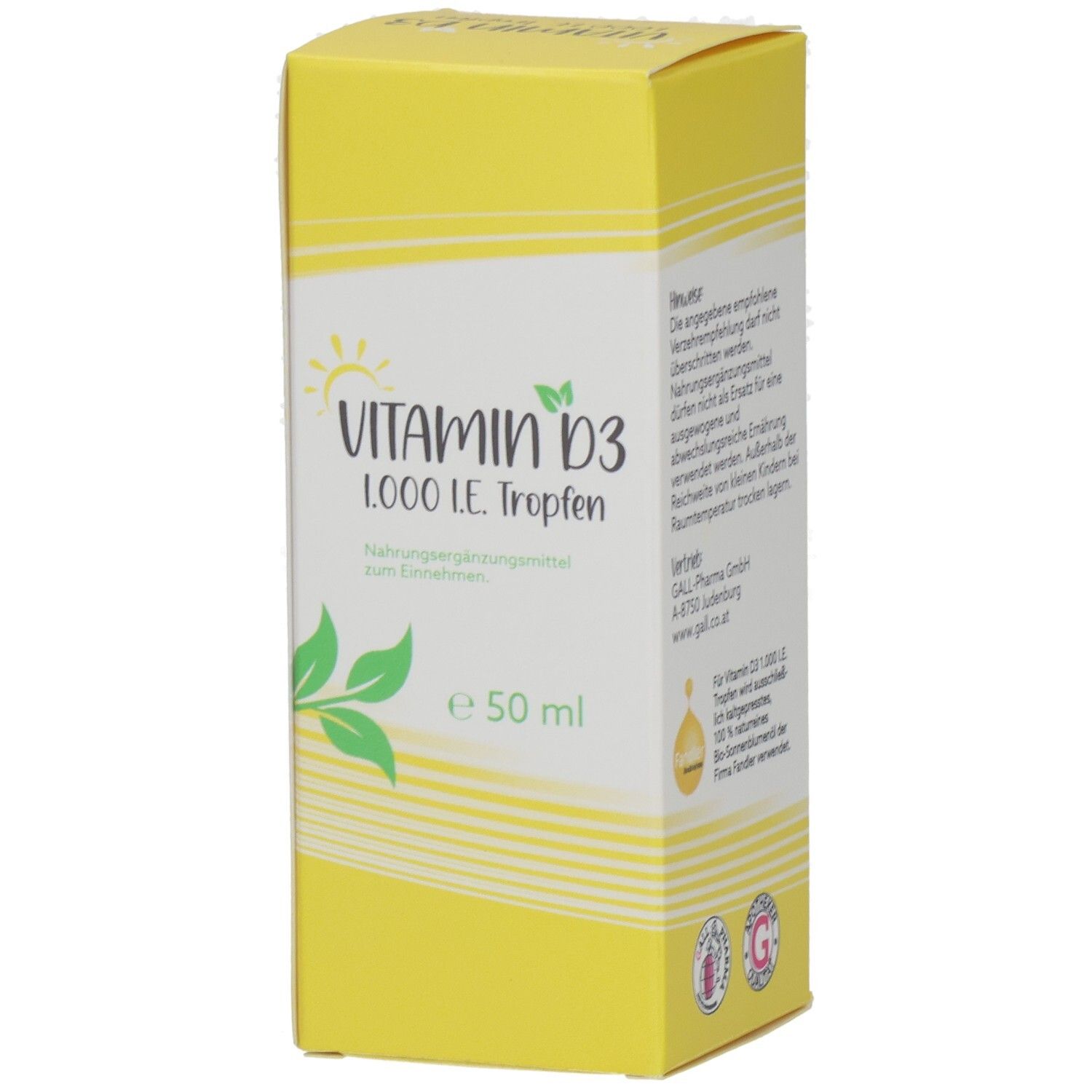 Gelbe Schachtel mit Vitamin D3 1.000 I.E. Tropfen. Aufschrift: Vitamin D3, 1.000 I.E. Tropfen, 50 ml. Mit Sonnen- und Blättermotiv.