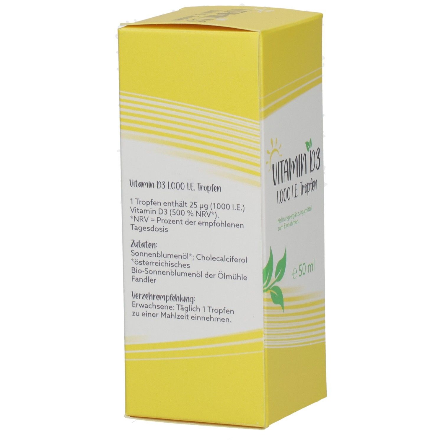 Gelbe Schachtel mit Text. Enthält Informationen zu Vitamin D3 1.000 I.E. Tropfen. Zutaten, Verzehrempfehlung, und Nährwertangaben sind sichtbar.