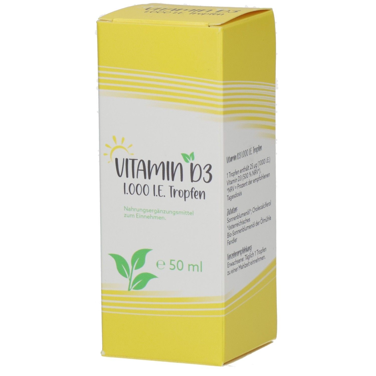 Gelbe Schachtel mit Vitamin D3 1.000 I.E. Tropfen. Aufschrift: Vitamin D3, 1.000 I.E. Tropfen, 50 ml. Mit Sonnen- und Blättermotiv.