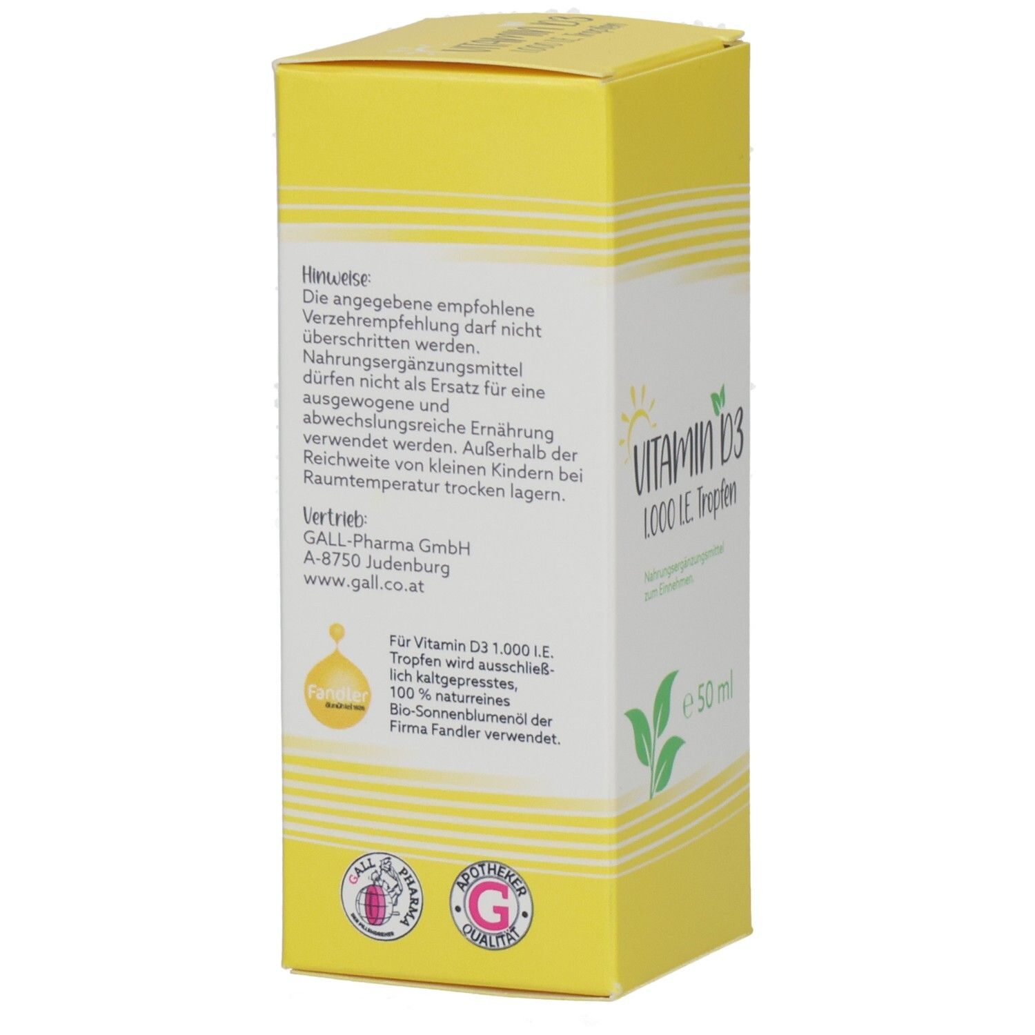 Gelbe Schachtel mit Text. Enthält Hinweise zur Anwendung von Vitamin D3 1.000 I.E. Tropfen. Herstellerinformationen und Logos sind sichtbar.