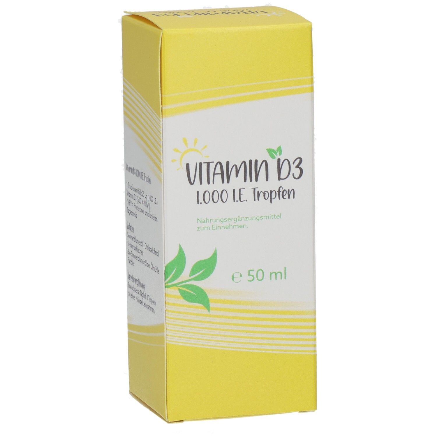 Gelbe Schachtel mit Vitamin D3 1.000 I.E. Tropfen. Aufschrift: Vitamin D3, 1.000 I.E. Tropfen, 50 ml. Mit Sonnen- und Blättermotiv.