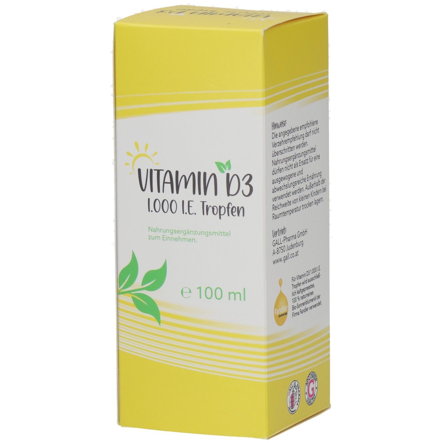 Gelbe Schachtel mit Vitamin D3 1.000 I.E. Tropfen. Aufschrift: Vitamin D3, 1.000 I.E. Tropfen, 100 ml. Mit Sonnen- und Blätter-Symbol.