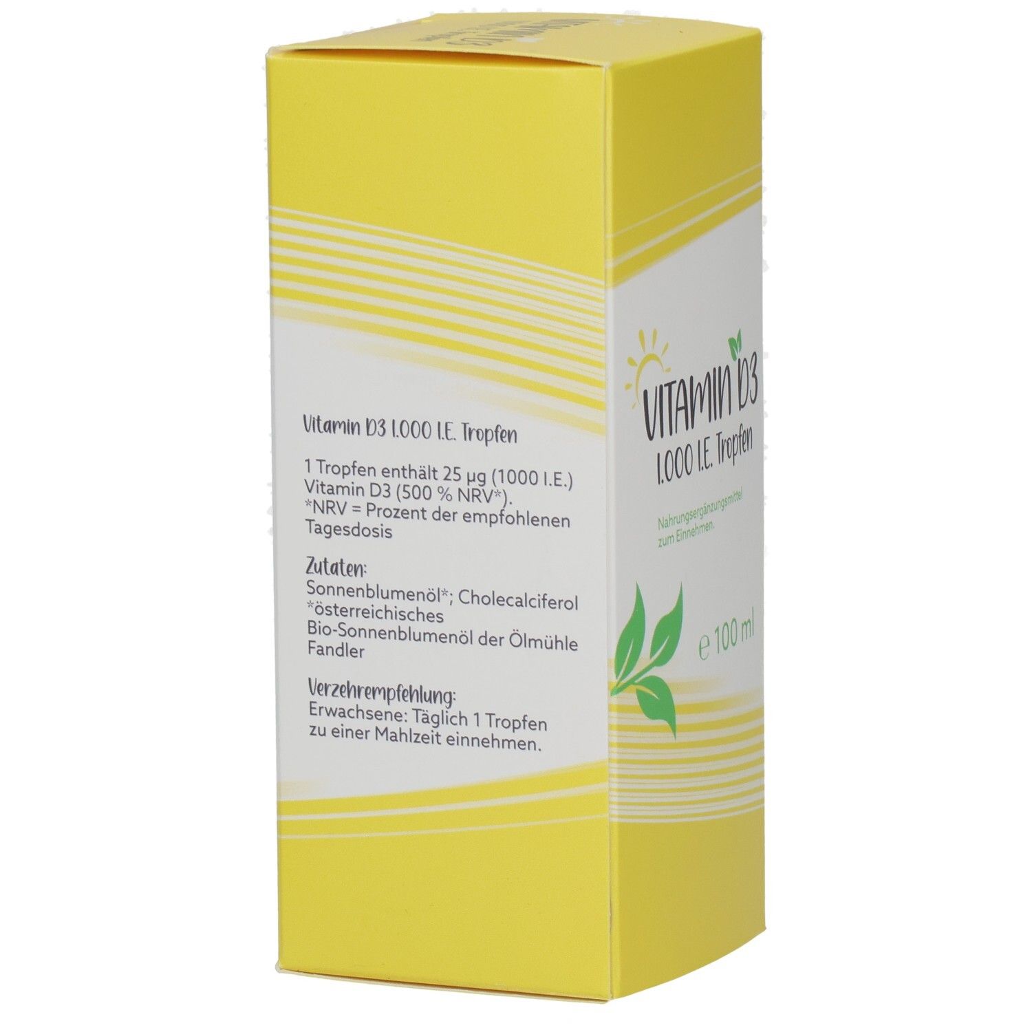 Gelbe Schachtel mit Text. Enthält Informationen zu Vitamin D3 1.000 I.E. Tropfen. Inhaltsstoffe, Dosierung und Nährwertangaben sind angegeben.
