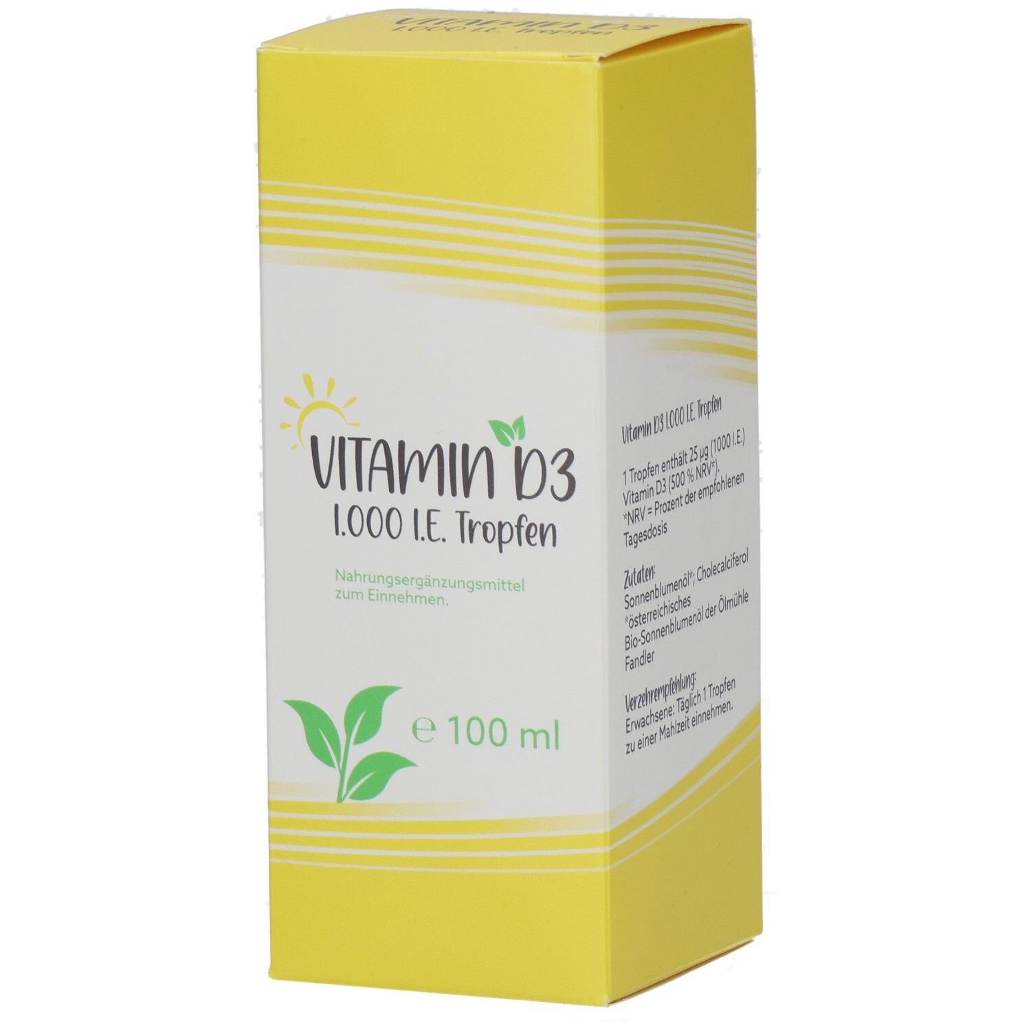 Gelbe Schachtel mit Vitamin D3 1.000 I.E. Tropfen. Aufschrift: Vitamin D3, 1.000 I.E. Tropfen, 100 ml. Mit Sonnen- und Blätter-Symbol.